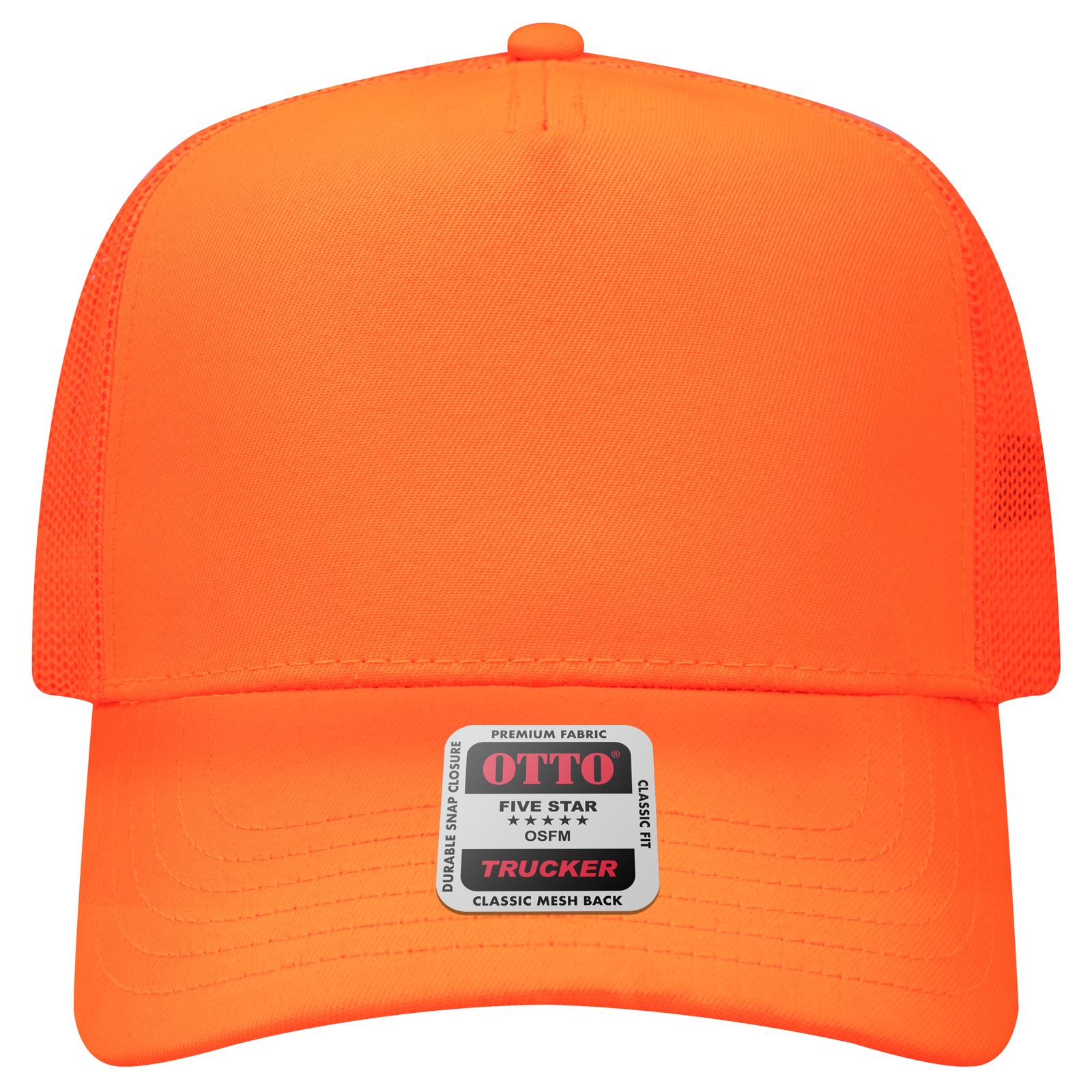 Front View of 009 - N. Orange OTTO CAP 5 Panel Mid Profile Mesh Back Trucker Hat