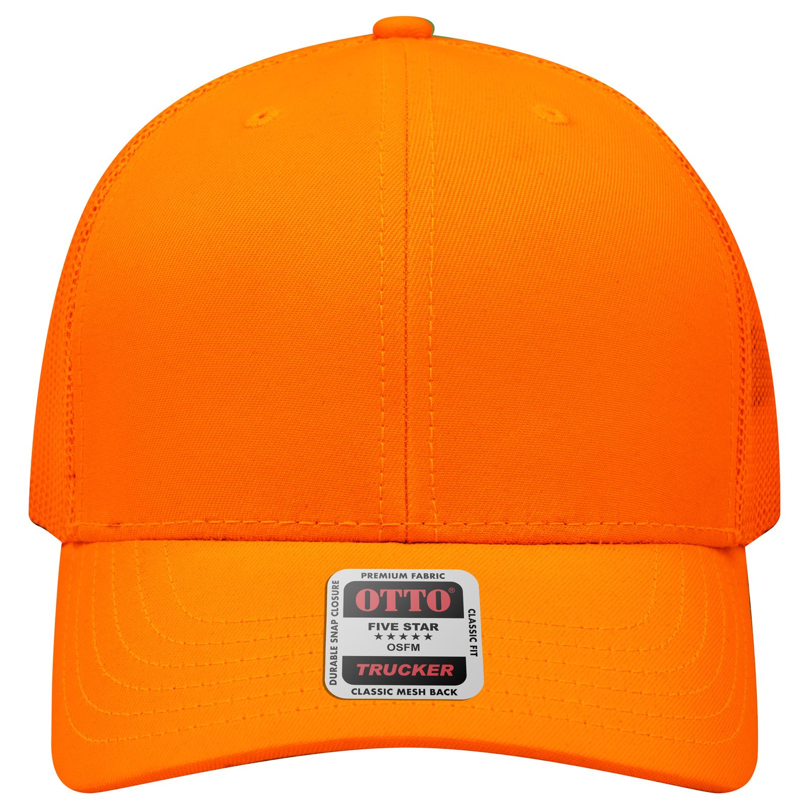Front View of 009 - N. Orange OTTO CAP 6 Panel Mid Profile Mesh Back Trucker Hat