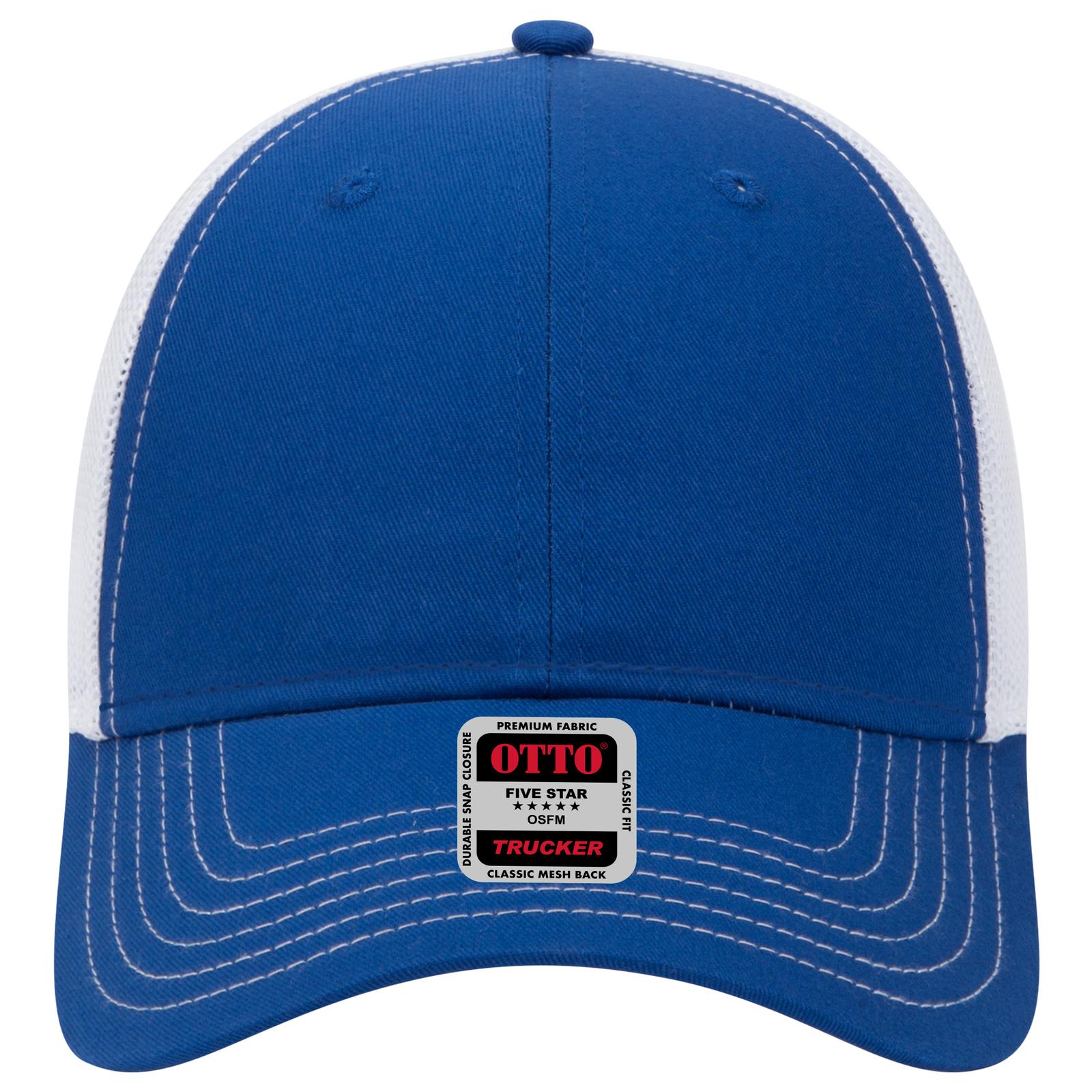 Front View of 010116 - Ryl/Ryl/Wht OTTO CAP 6 Panel Low Profile Mesh Back Trucker Hat