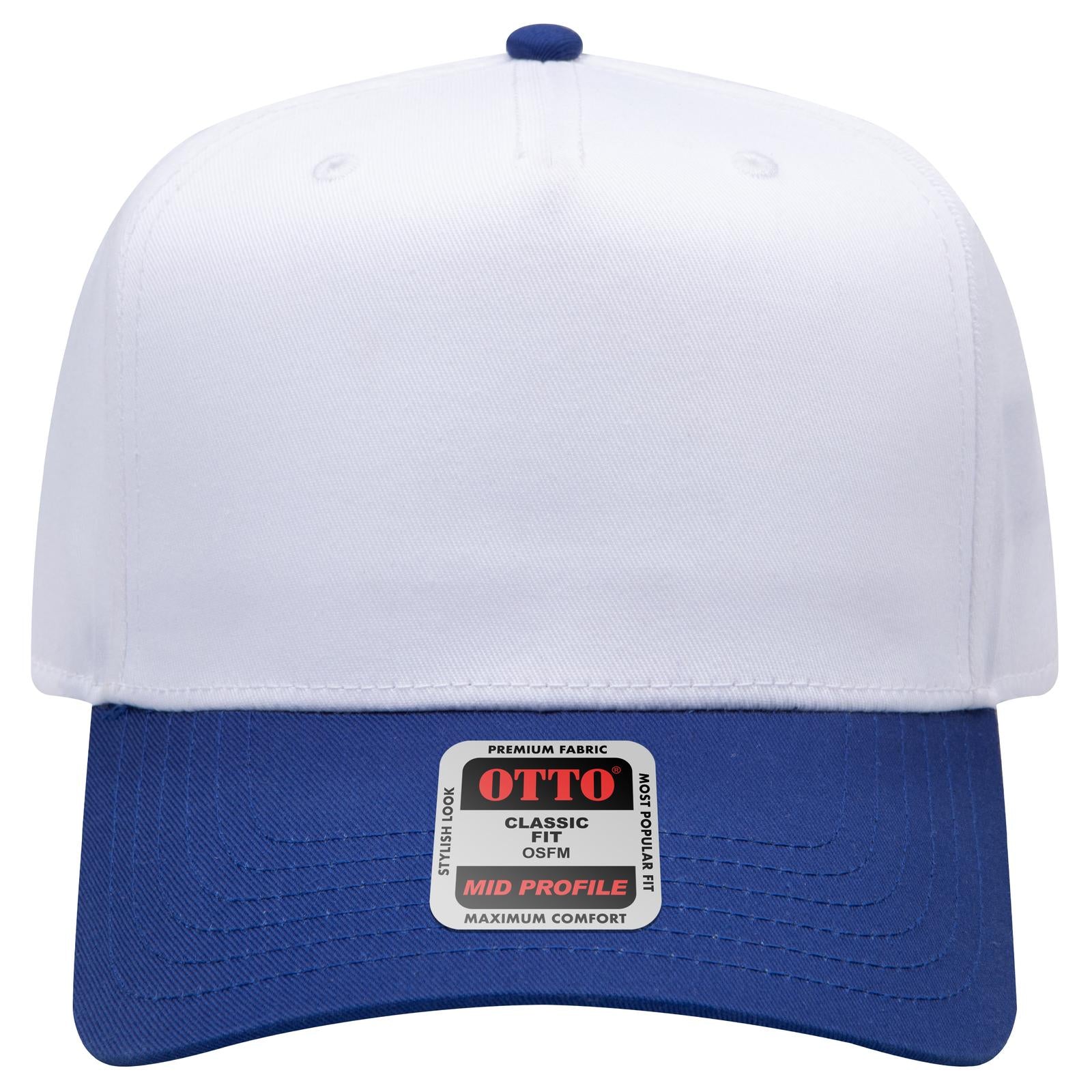 Front View of 0116 - Ryl/Wht OTTO CAP 5 Panel Mid Profile Baseball Cap