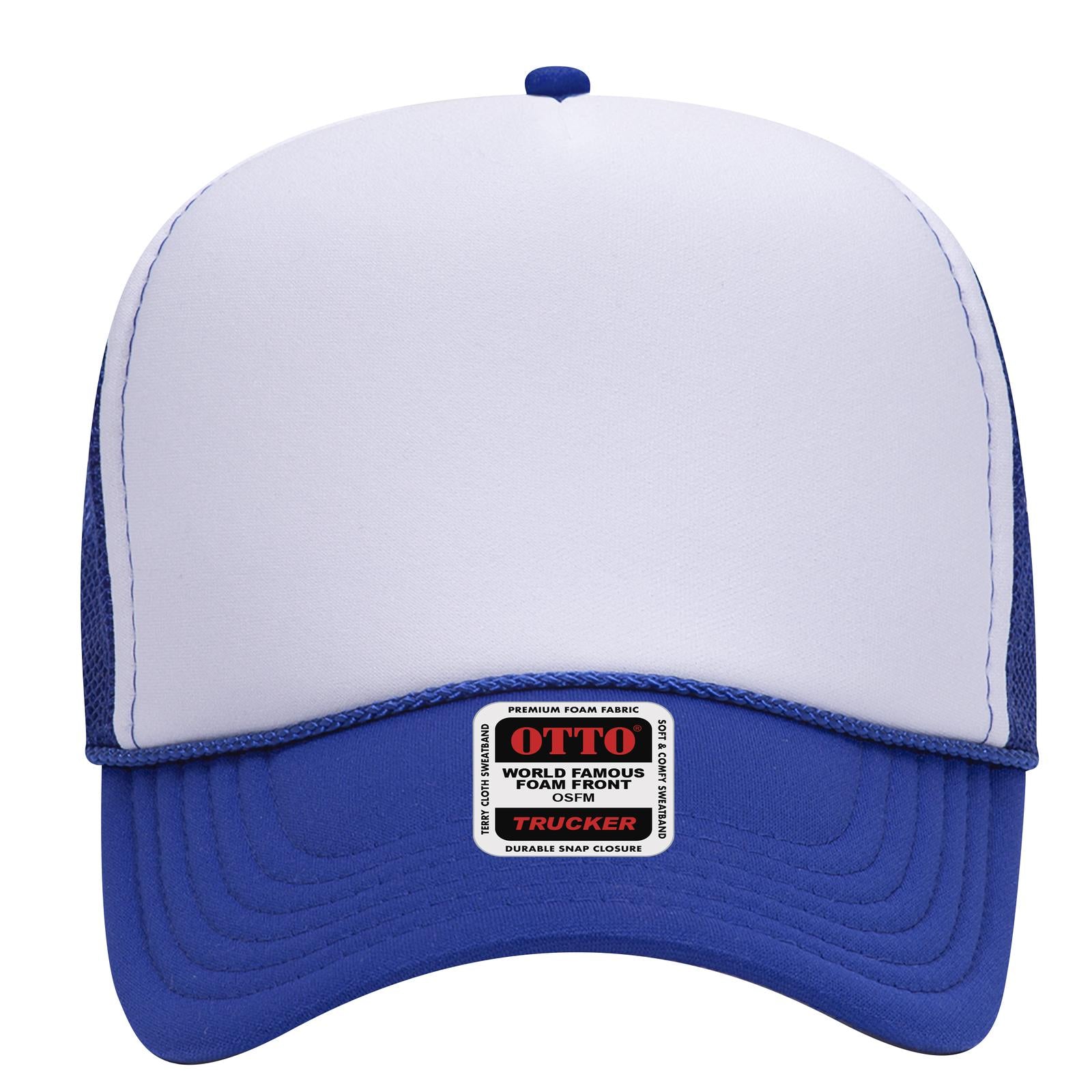 Front View of 011601 - Ryl/Wht/Ryl OTTO CAP 5 Panel Mid Profile Mesh Back Trucker Hat