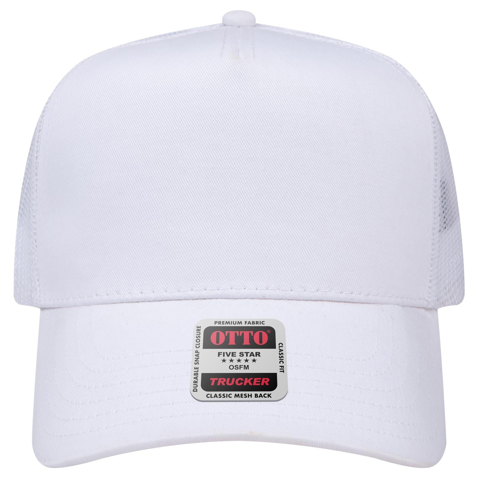 Front View of 016 - White OTTO CAP 5 Panel Mid Profile Mesh Back Trucker Hat