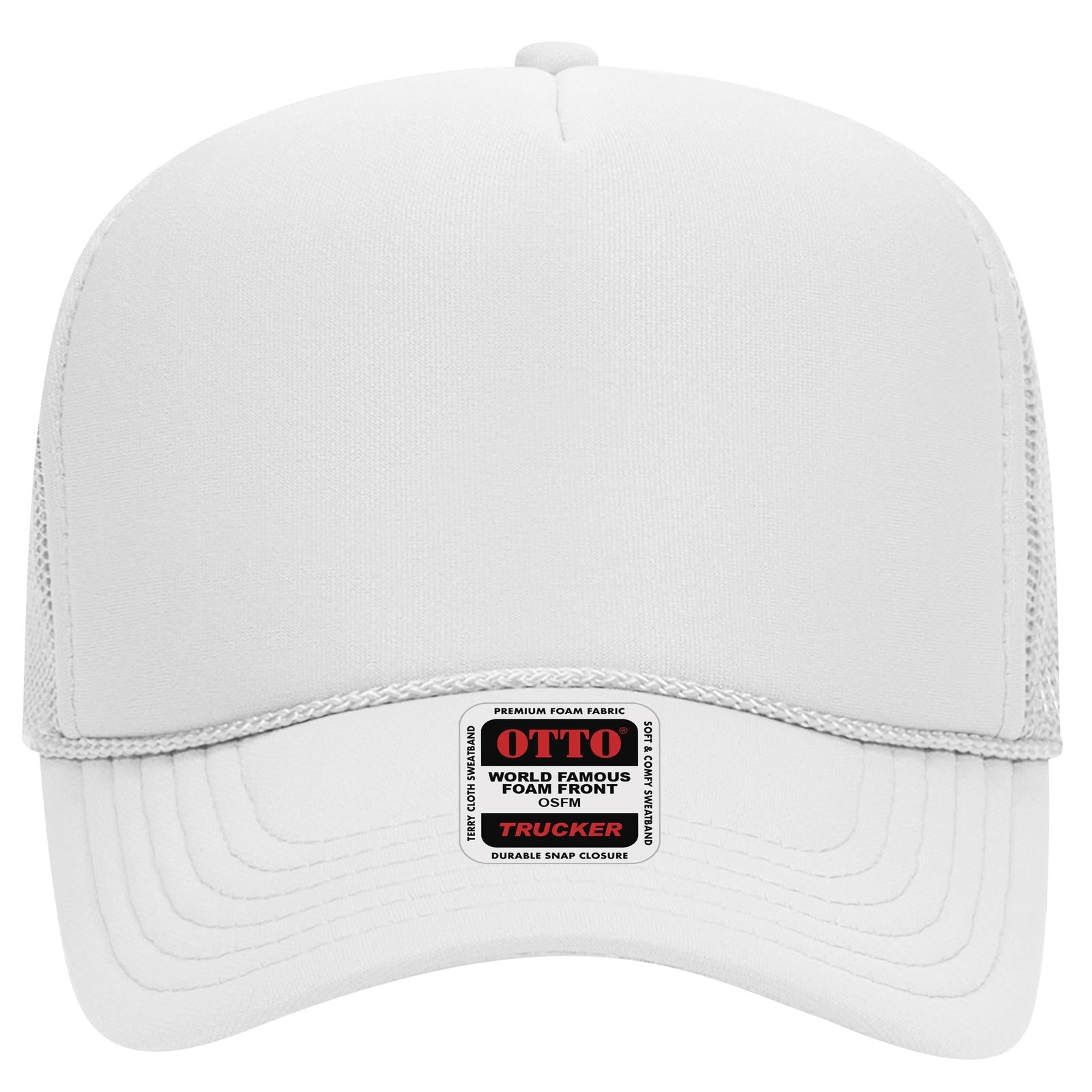 Front View of 016 - White OTTO CAP 5 Panel Mid Profile Mesh Back Trucker Hat