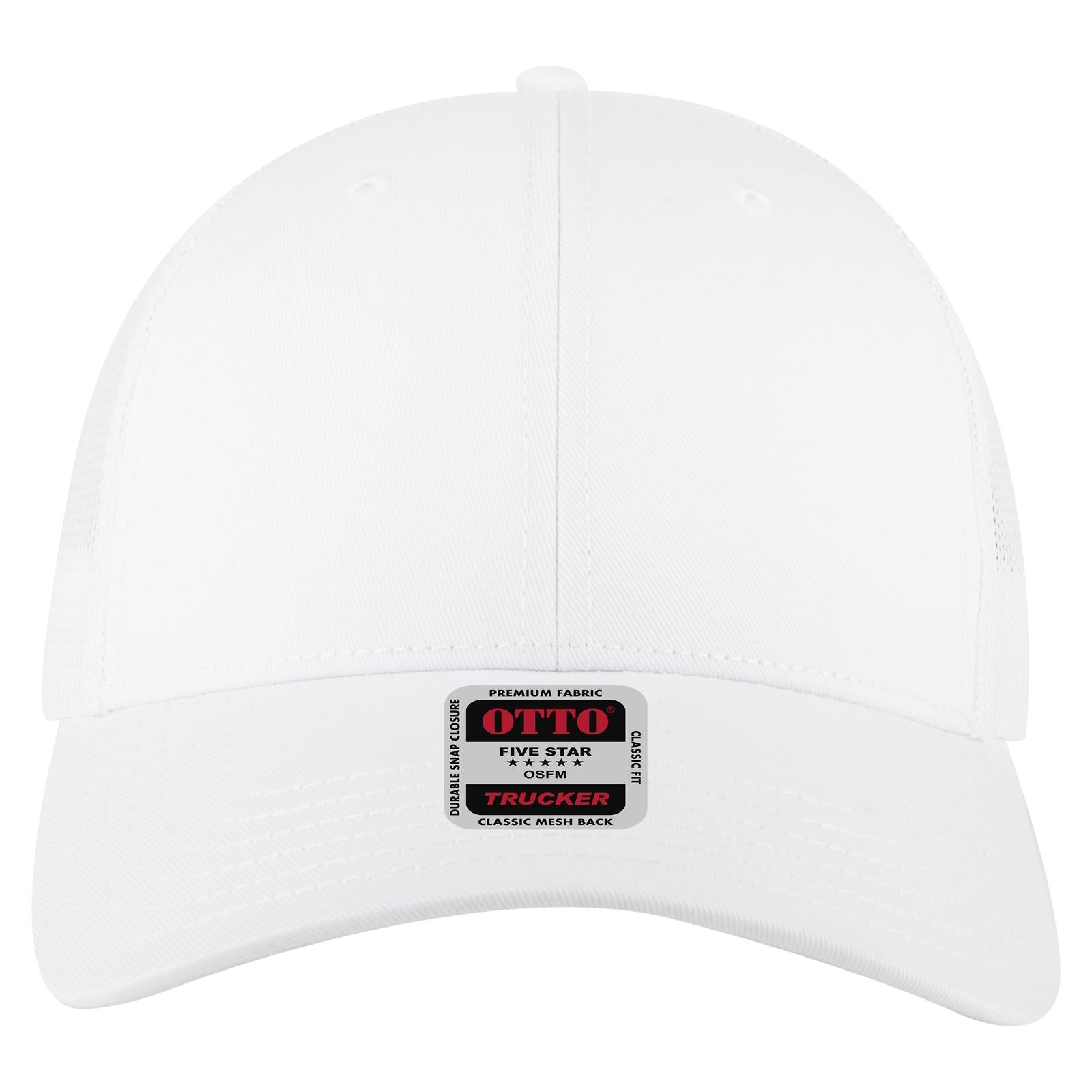 Front View of 016A - White OTTO CAP 6 Panel Low Profile Mesh Back Trucker Hat