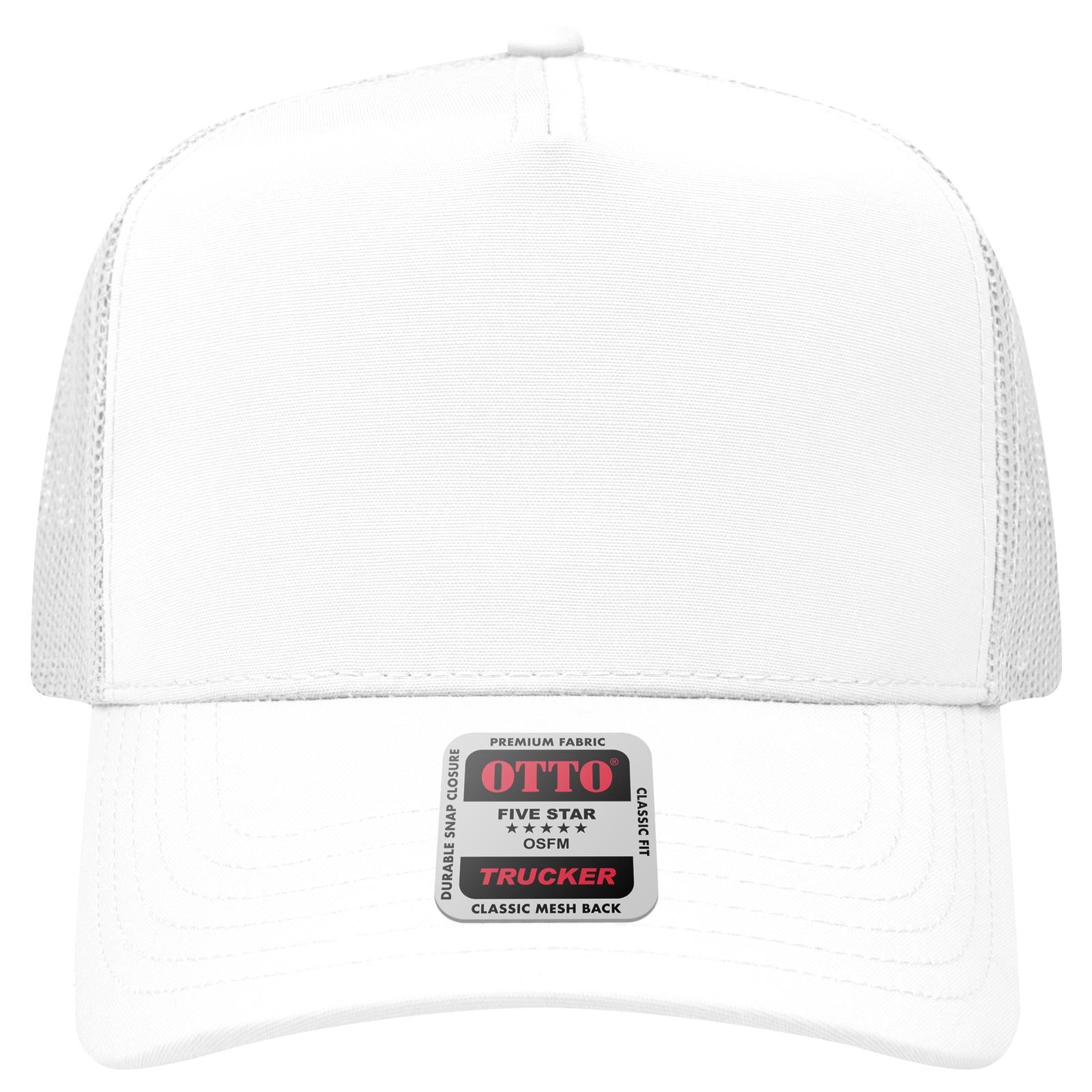 Front View of 016B - Wht OTTO CAP 5 Panel Mid Profile Mesh Back Trucker Hat