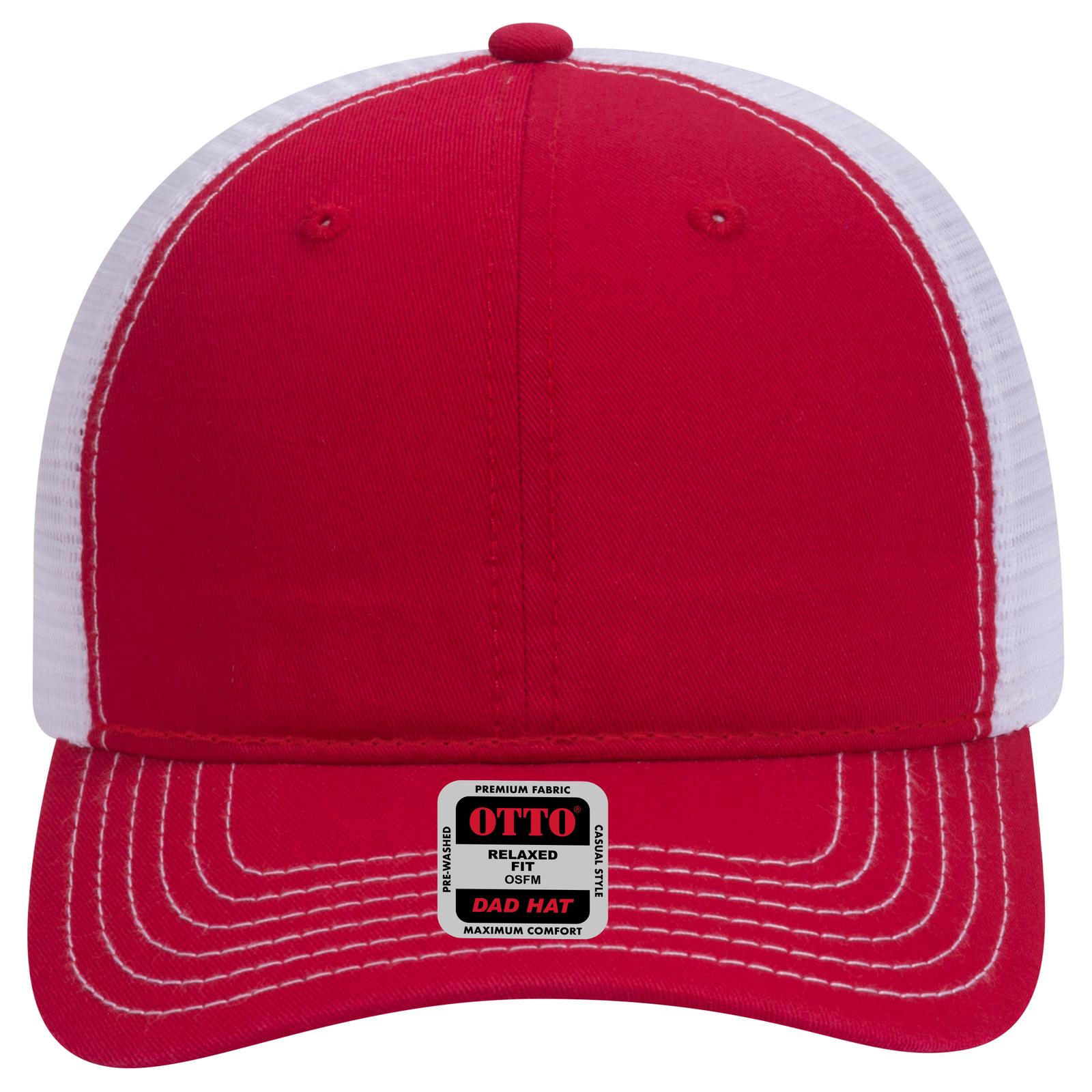 Front View of 020216 - Red/Red/Wht OTTO CAP 6 Panel Low Profile Mesh Back Trucker Dad Hat