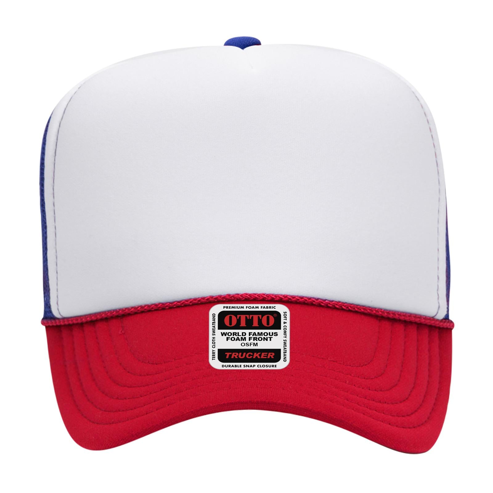 Right View of 021601 - Red/Wht/Ryl OTTO CAP 5 Panel High Crown Mesh Back Trucker Hat