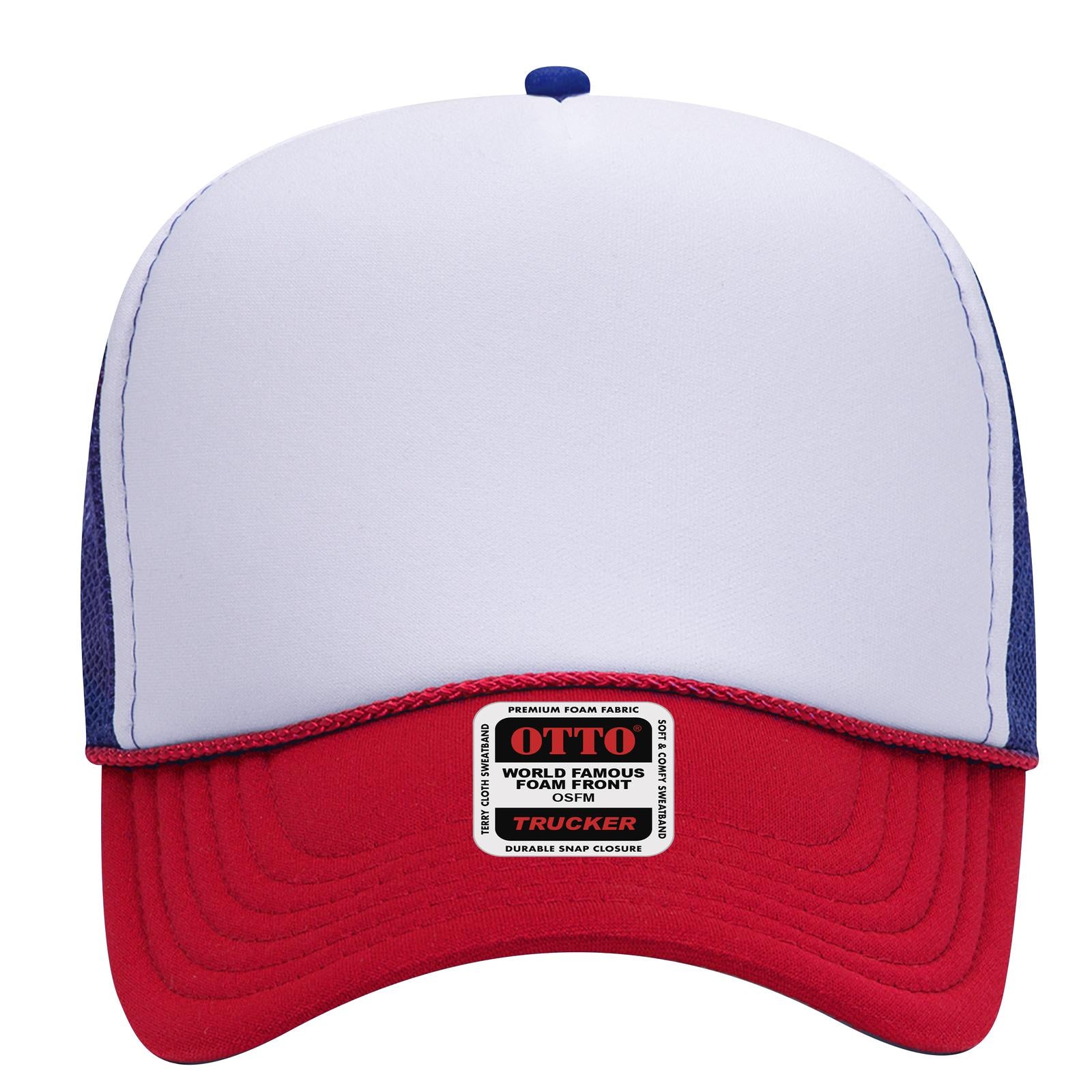 Front View of 021601 - Red/Wht/Ryl OTTO CAP 5 Panel Mid Profile Mesh Back Trucker Hat