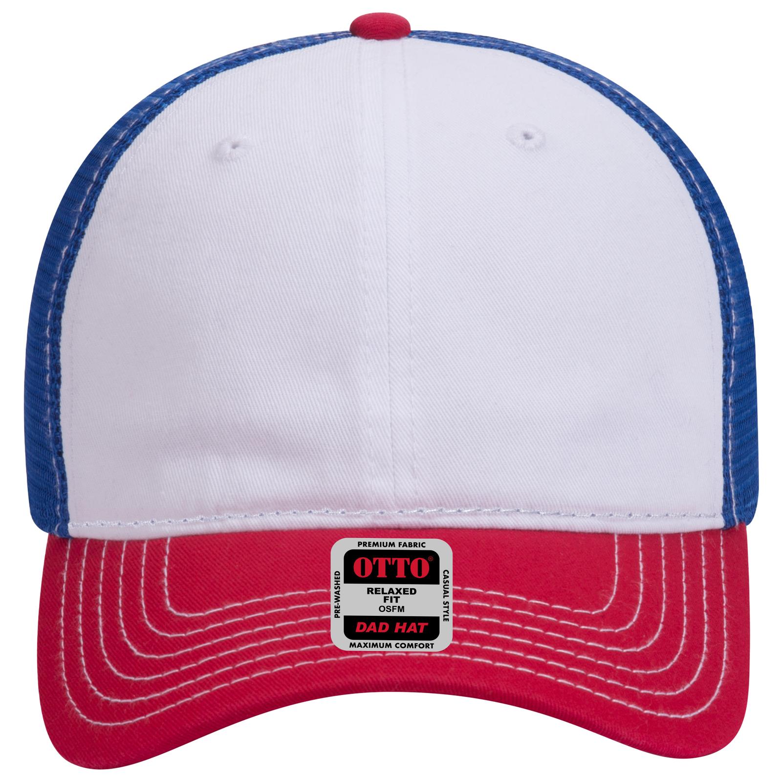 Front View of 021601 - Red/Wht/Ryl OTTO CAP 6 Panel Low Profile Mesh Back Trucker Dad Hat