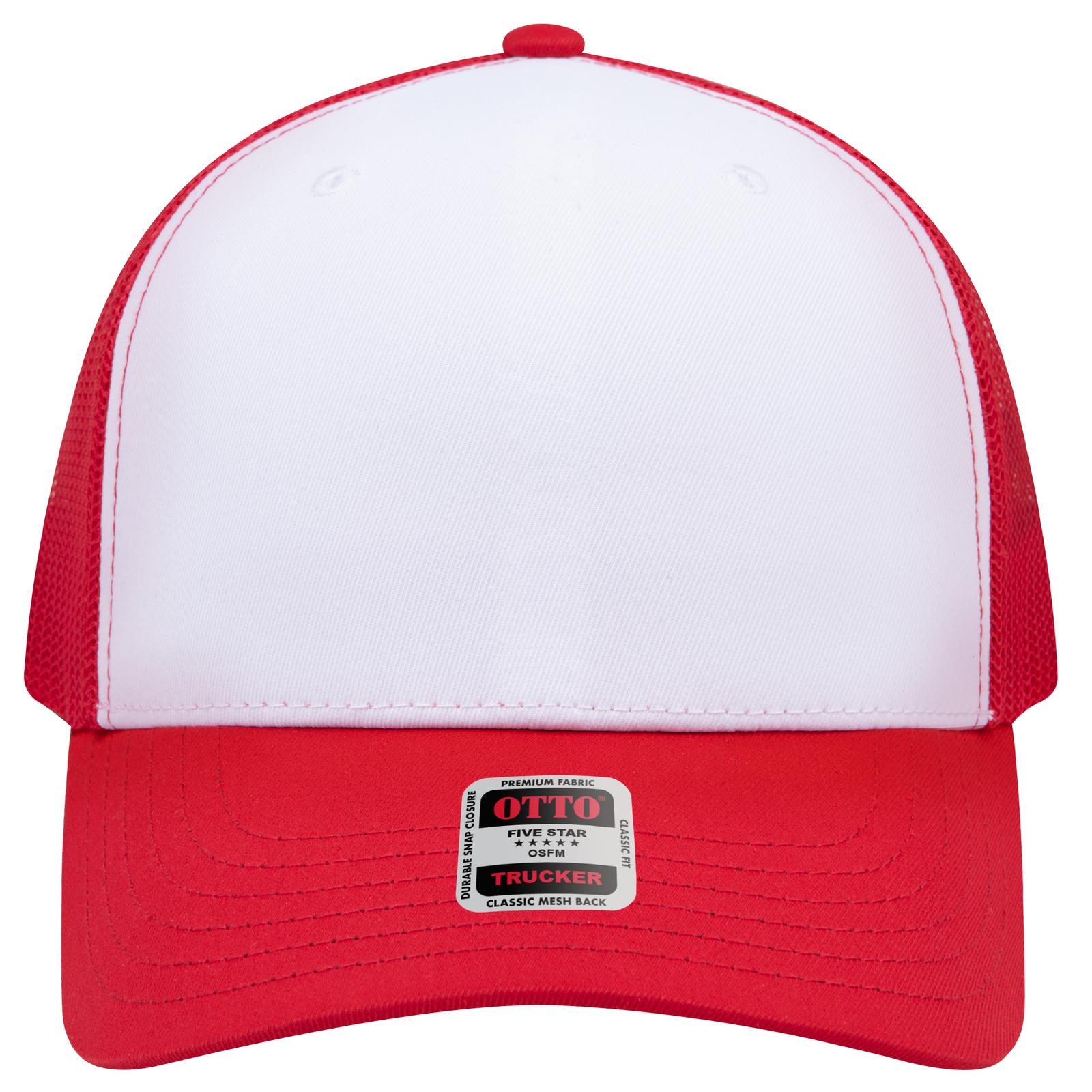 Right View of 021602 - Red/Wht/Red OTTO CAP Seamless 6 Panel Mid Profile Mesh Back Trucker Hat