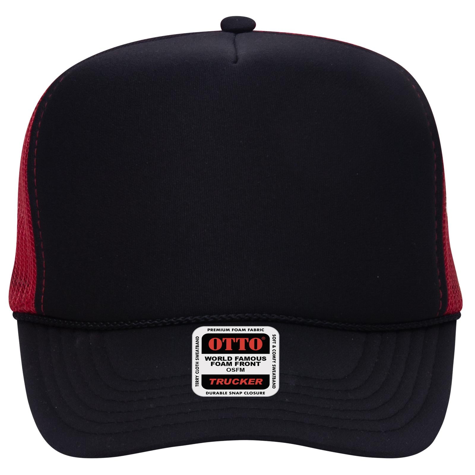 Front View of 030302 - Blk/Blk/Red OTTO CAP 5 Panel High Crown Mesh Back Trucker Hat