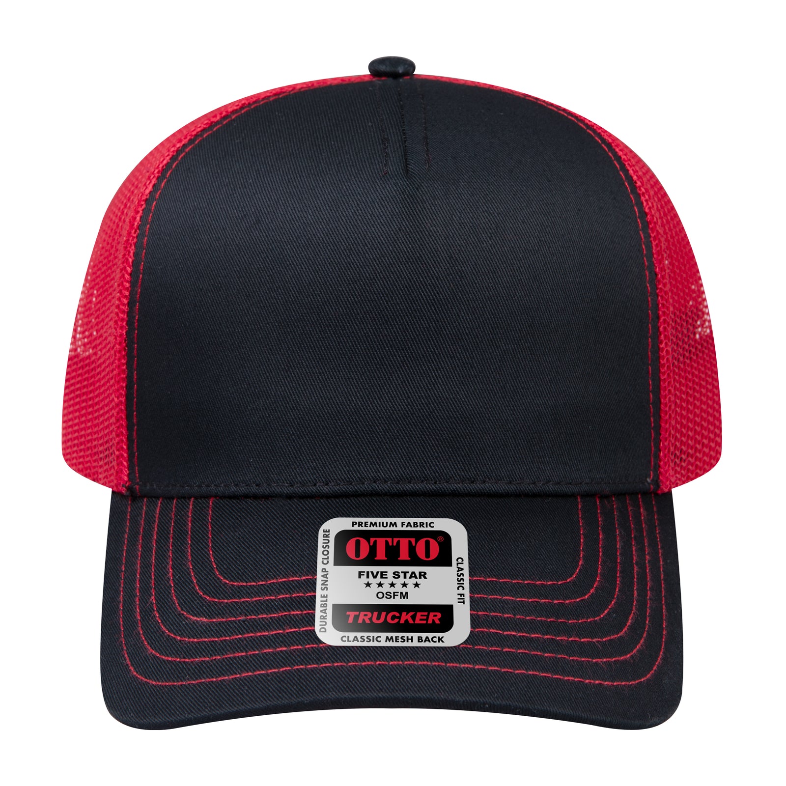 Front View of 030302 - Blk/Blk/Red OTTO CAP 5 Panel Low Profile Mesh Back Trucker Hat