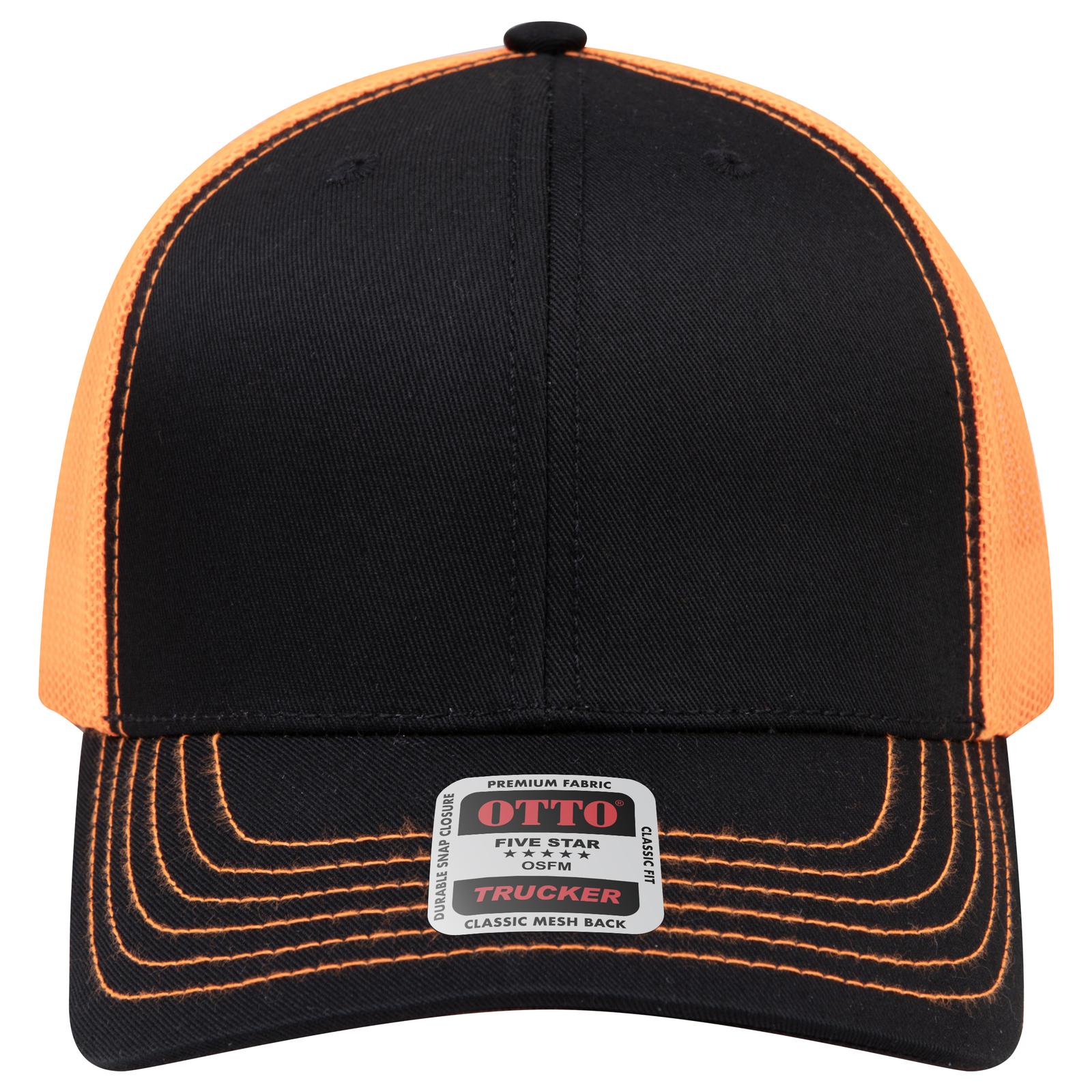 Front View of 030309 - Blk/Blk/N Org OTTO CAP 6 Panel Mid Profile Mesh Back Trucker Hat