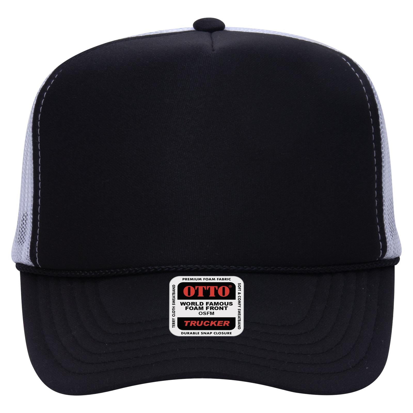 Right View of 030316 - Blk/Blk/Wht OTTO CAP 5 Panel High Crown Mesh Back Trucker Hat