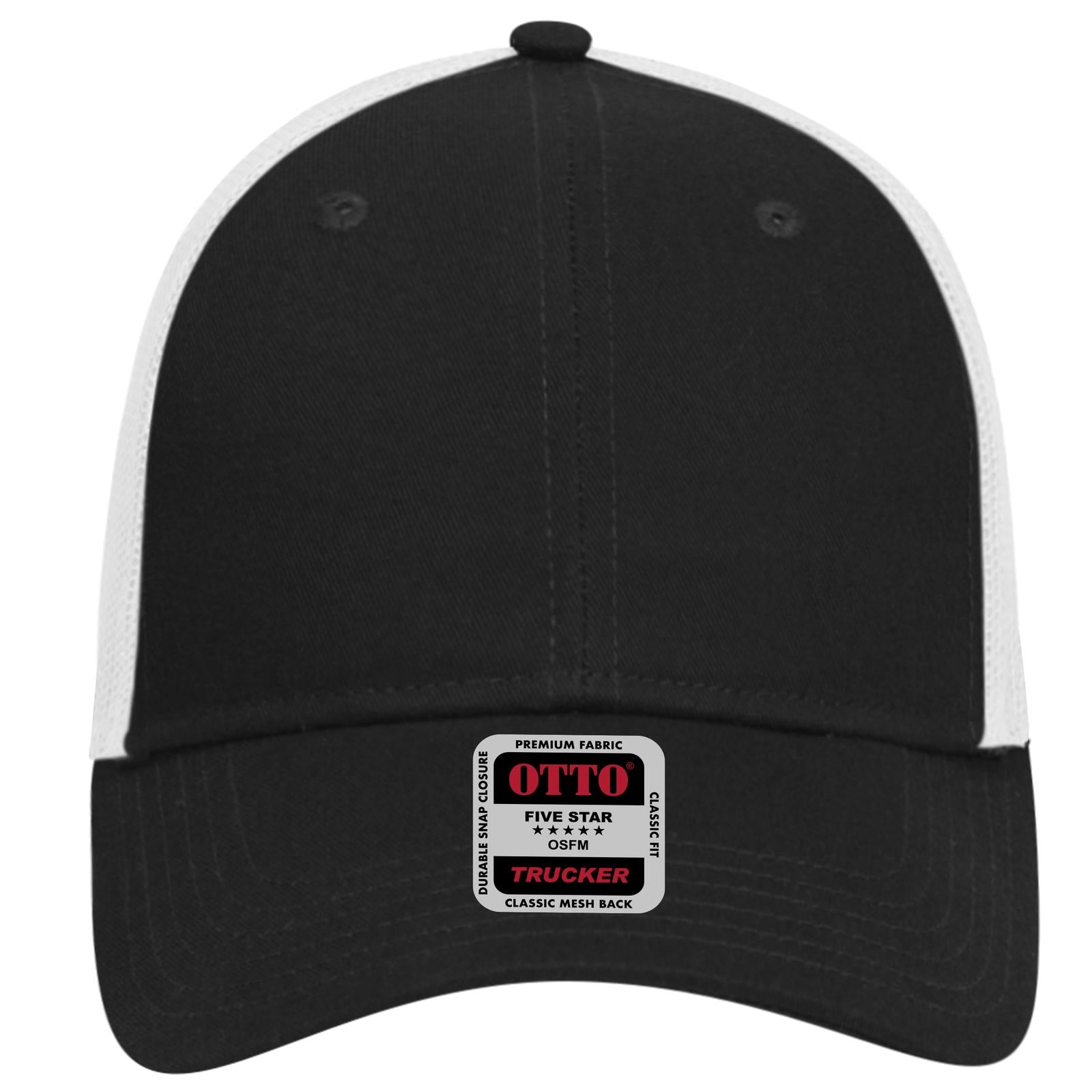 Rear View of 030316 - Blk/Blk/Wht OTTO CAP 6 Panel Low Profile Mesh Back Trucker Hat