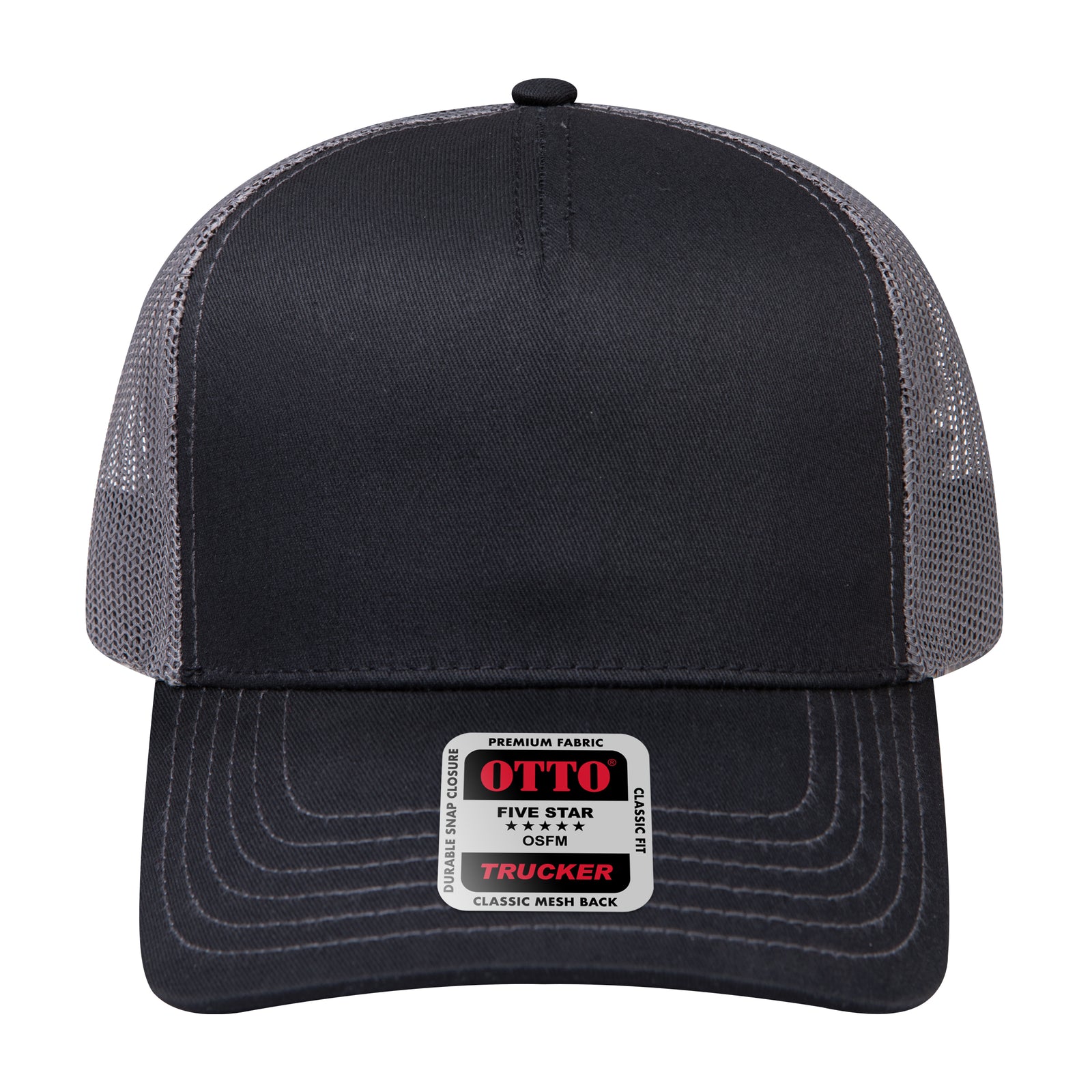 Front View of 030325 - Blk/Blk/Ch.Gry OTTO CAP 5 Panel Low Profile Mesh Back Trucker Hat