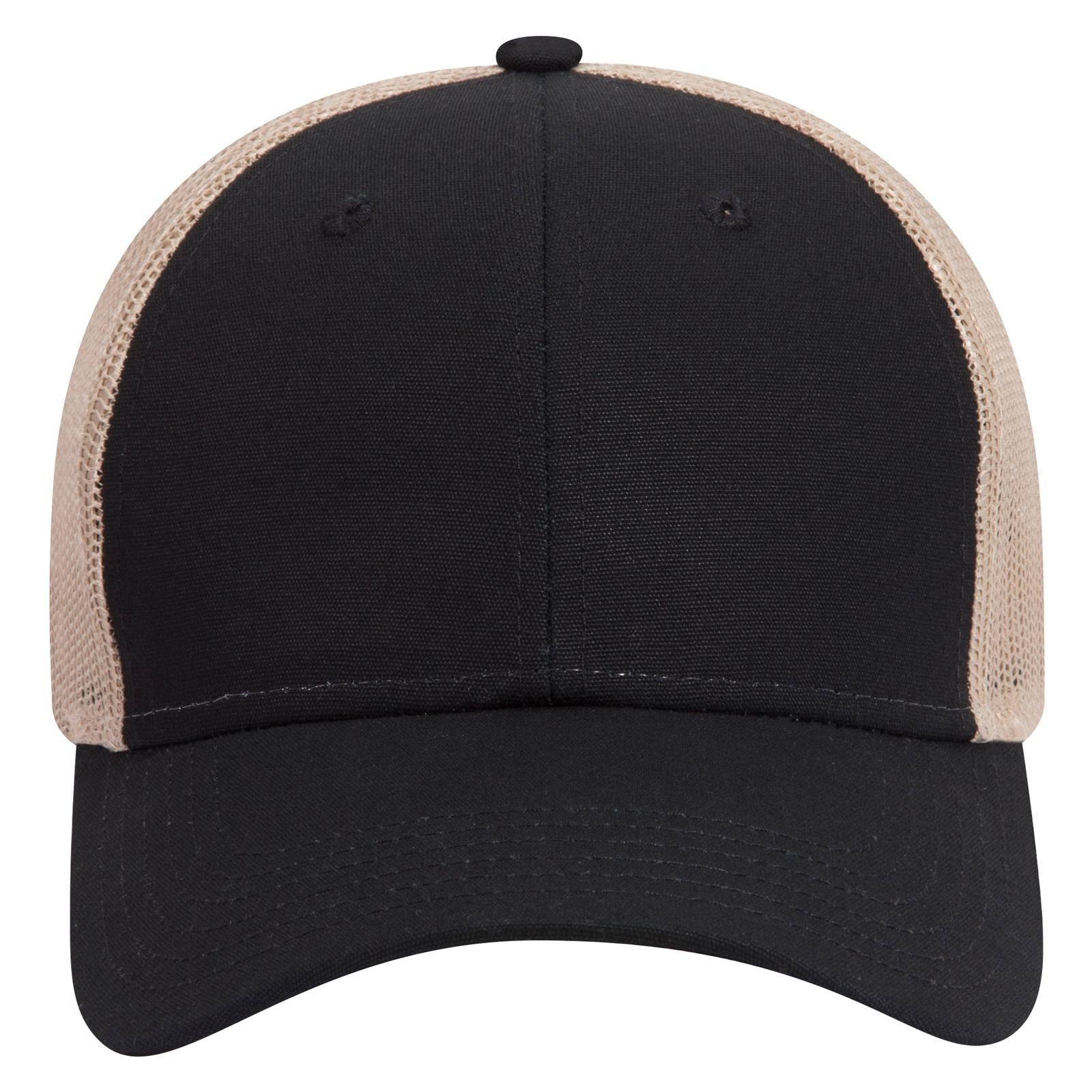 Front View of 030332 - Blk/Blk/Kha OTTO CAP 6 Panel Low Profile Mesh Back Trucker Hat