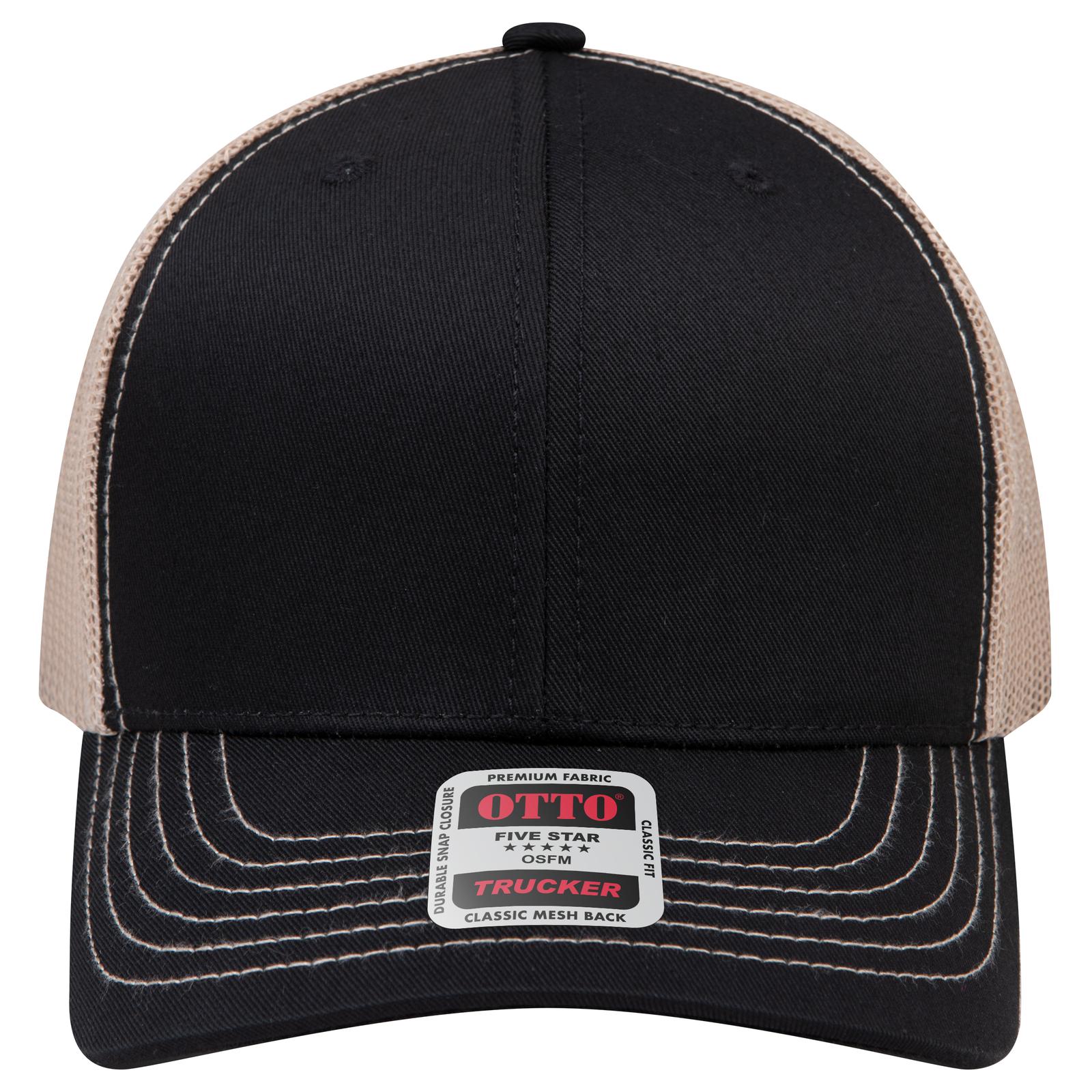 Front View of 030332 - Blk/Blk/Kha OTTO CAP 6 Panel Mid Profile Mesh Back Trucker Hat