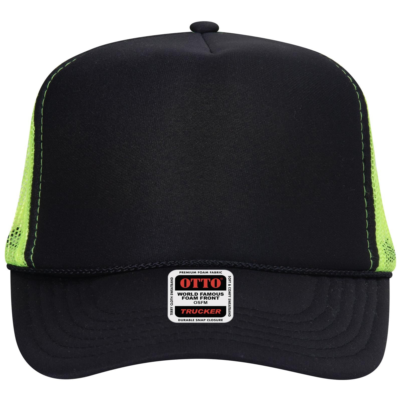 Right View of 030340 - Blk/Blk/N.Ylw OTTO CAP 5 Panel High Crown Mesh Back Trucker Hat