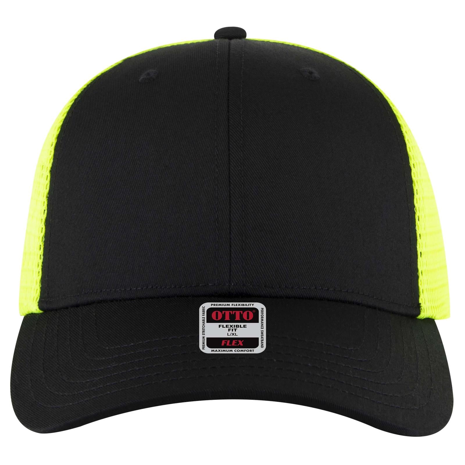 Front View of 030340 - Blk/Blk/N.Ylw OTTO CAP "OTTO FLEX" Fitted 6 Panel Low Profile Mesh Back Trucker Hat