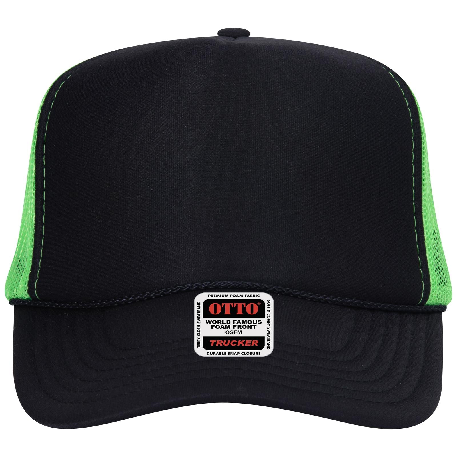Right View of 030388 - Blk/Blk/N.Grn OTTO CAP 5 Panel High Crown Mesh Back Trucker Hat