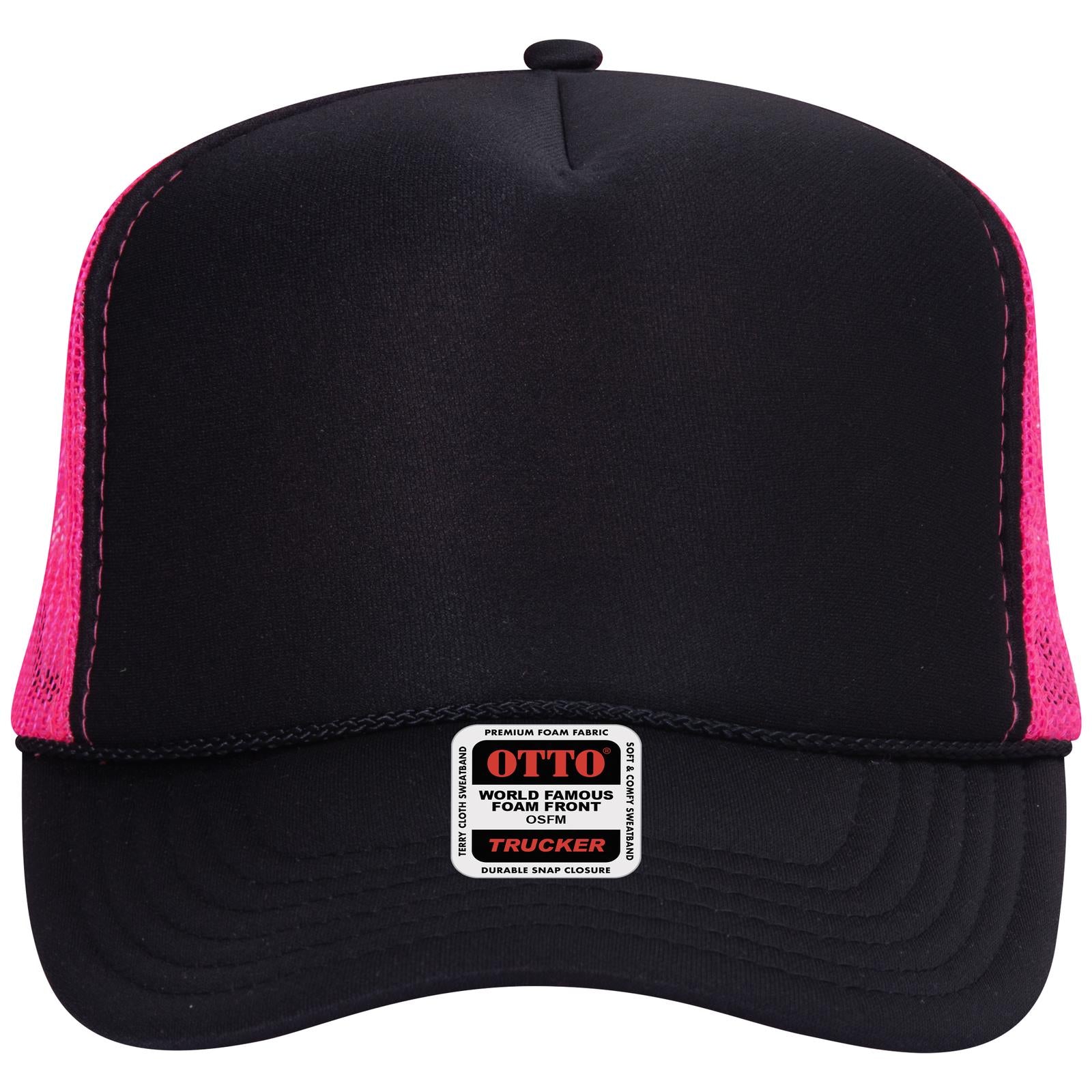 Front View of 030389 - Blk/Blk/N.Pnk OTTO CAP 5 Panel High Crown Mesh Back Trucker Hat