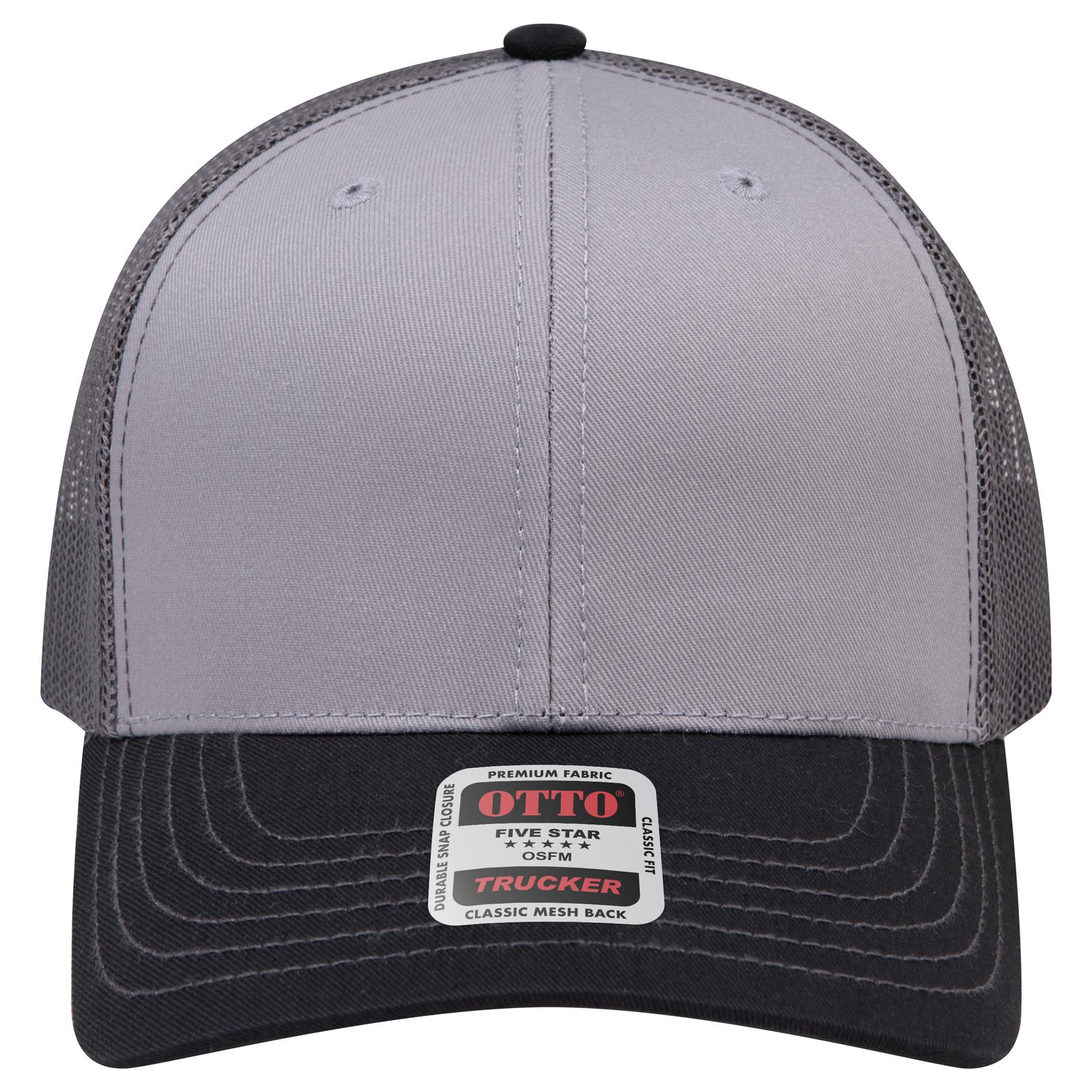 Right View of 031425 - Blk/Gry/Ch.Gry OTTO CAP 6 Panel Mid Profile Mesh Back Trucker Hat