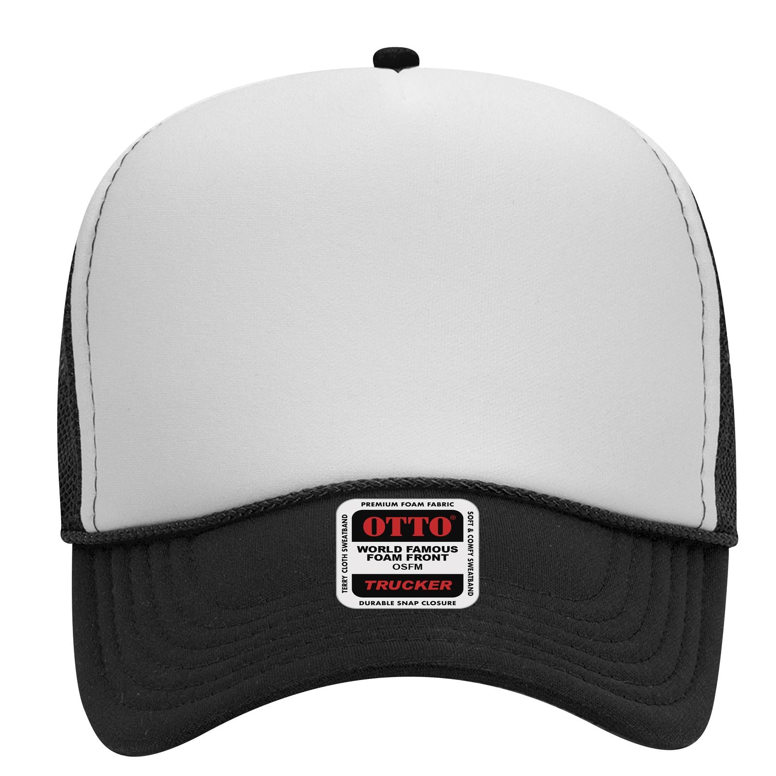 Front View of 031603 - Blk/Wht/Blk OTTO CAP 5 Panel Mid Profile Mesh Back Trucker Hat