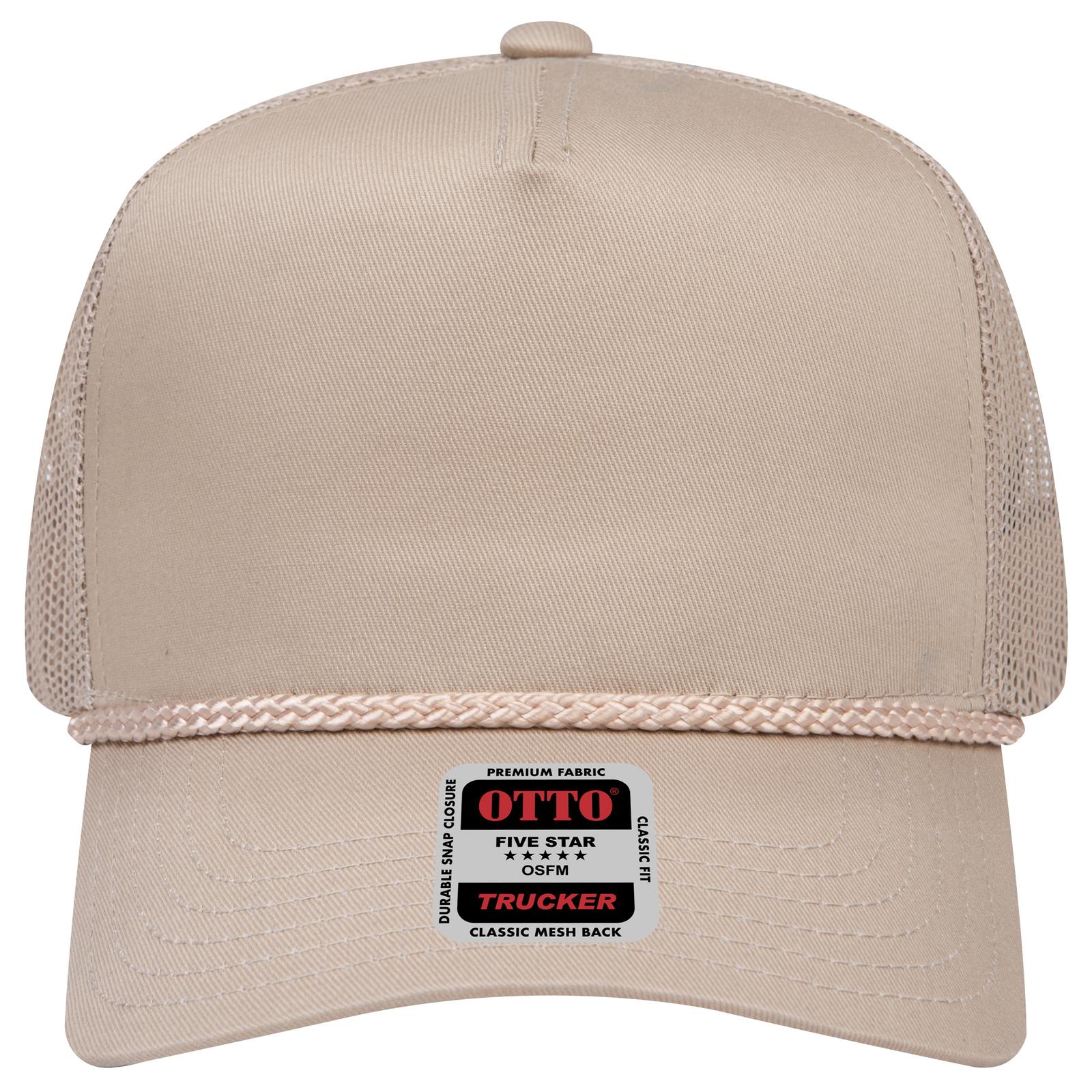 Front View of 032 - Khaki OTTO CAP 5 Panel Mid Profile Mesh Back Trucker Hat