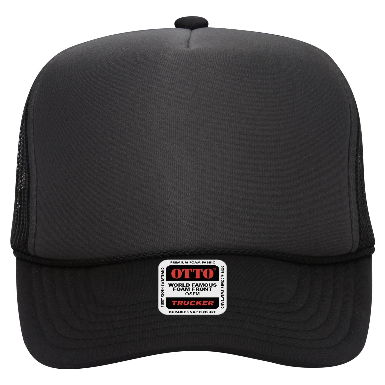 Front View of 032503 - Blk/Ch.Gry/Blk OTTO CAP 5 Panel High Crown Mesh Back Trucker Hat