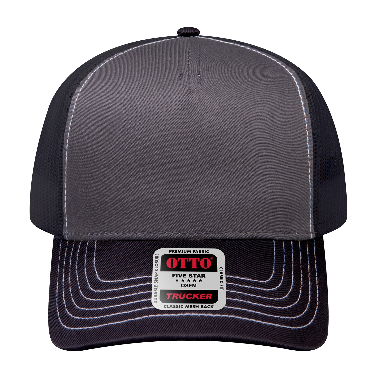 Front View of 032503 - Blk/Ch.Gry/Blk OTTO CAP 5 Panel Low Profile Mesh Back Trucker Hat