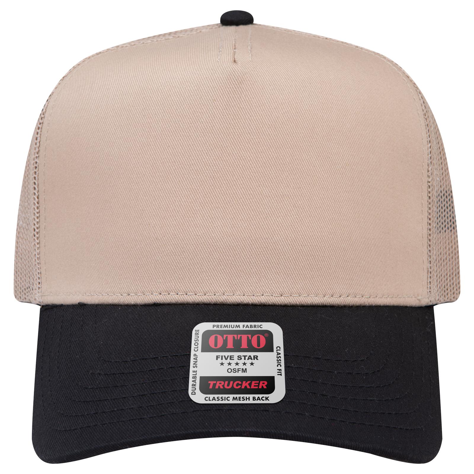 Front View of 0332 - Blk/Kha OTTO CAP 5 Panel Mid Profile Mesh Back Trucker Hat