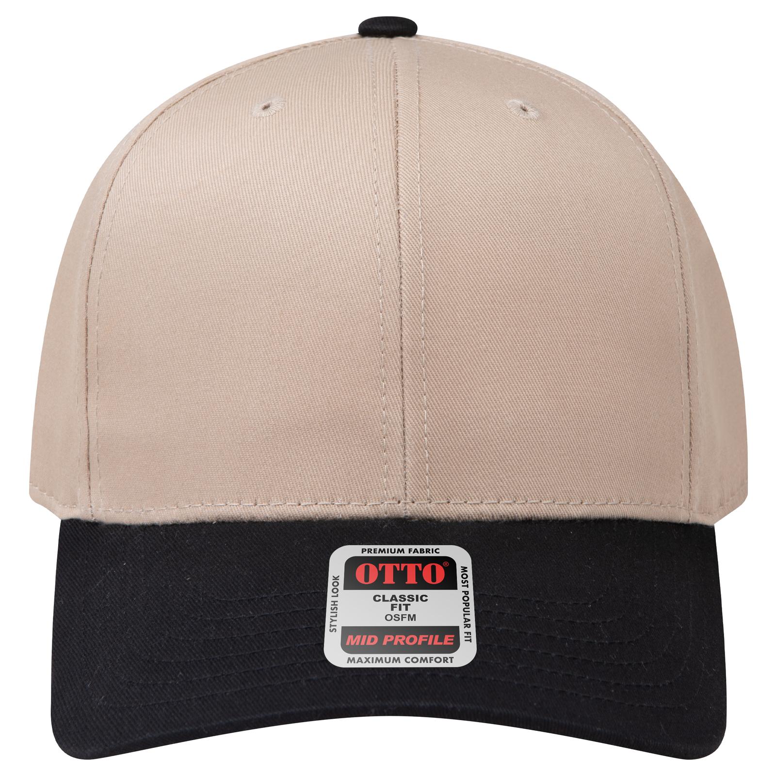 Front View of 0332 - Blk/Kha OTTO CAP 6 Panel Mid Profile Baseball Cap