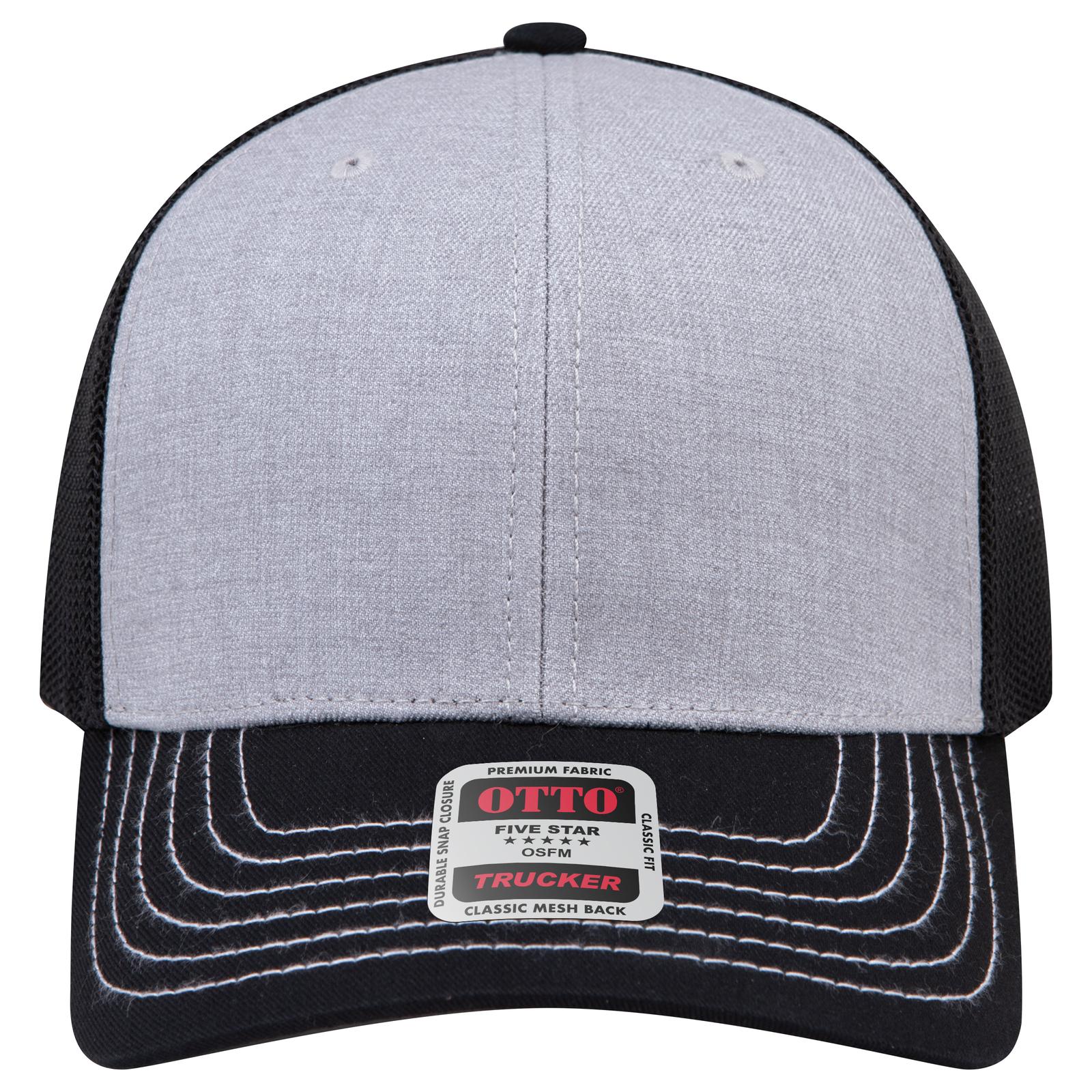 Right View of 037403 - Black/Heather Gray/Black OTTO CAP 6 Panel Mid Profile Mesh Back Trucker Hat