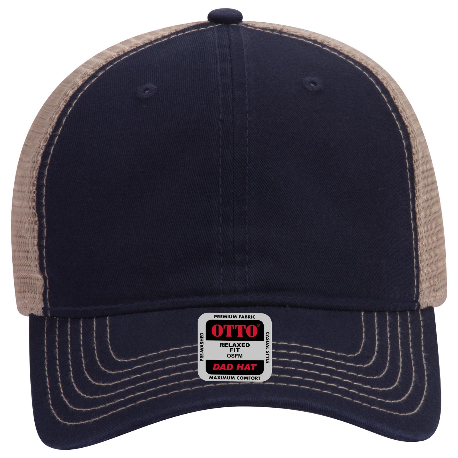 Front View of 040432 - Nvy/Nvy/Kha OTTO CAP 6 Panel Low Profile Mesh Back Trucker Dad Hat
