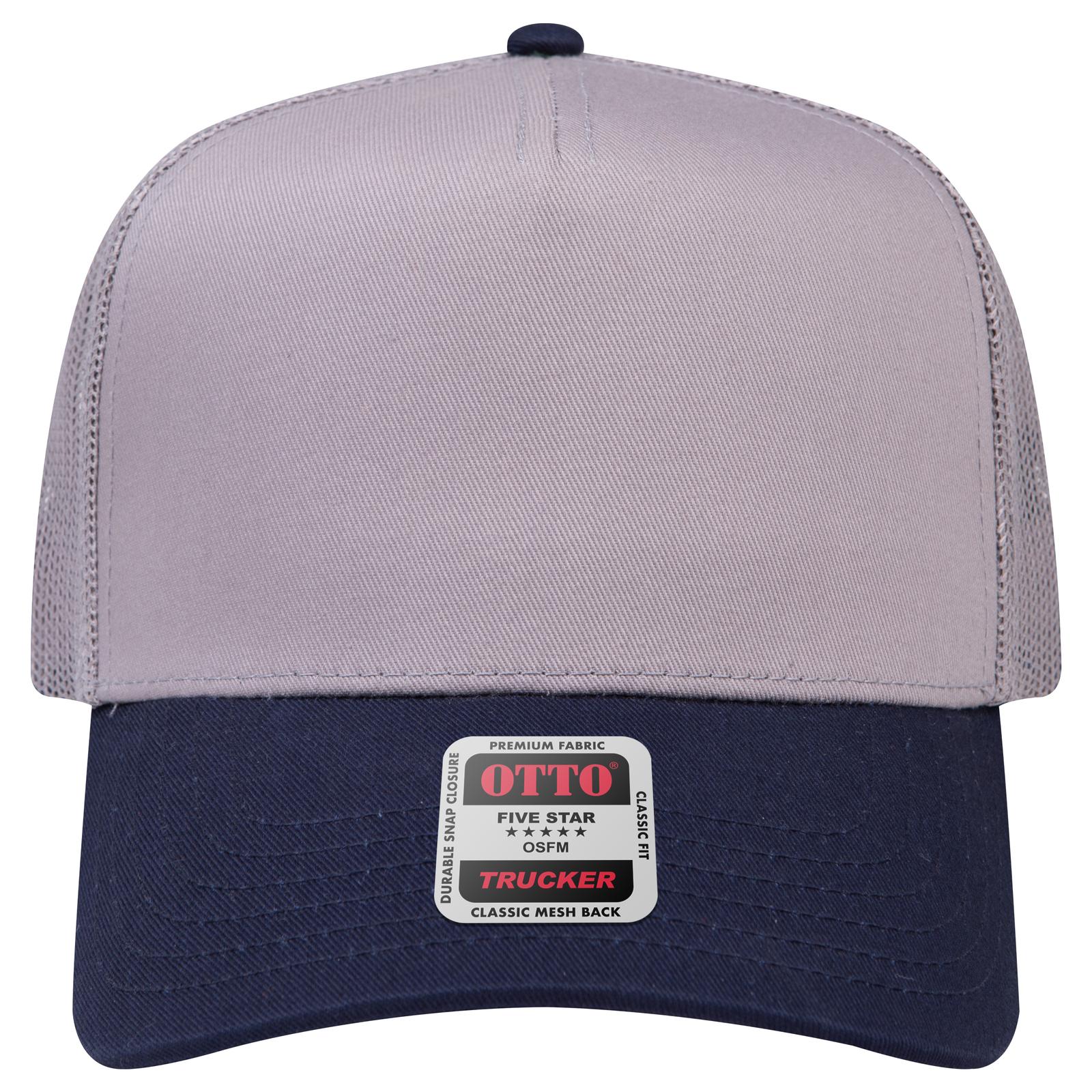 Front View of 0414 - Nvy/Gry OTTO CAP 5 Panel Mid Profile Mesh Back Trucker Hat