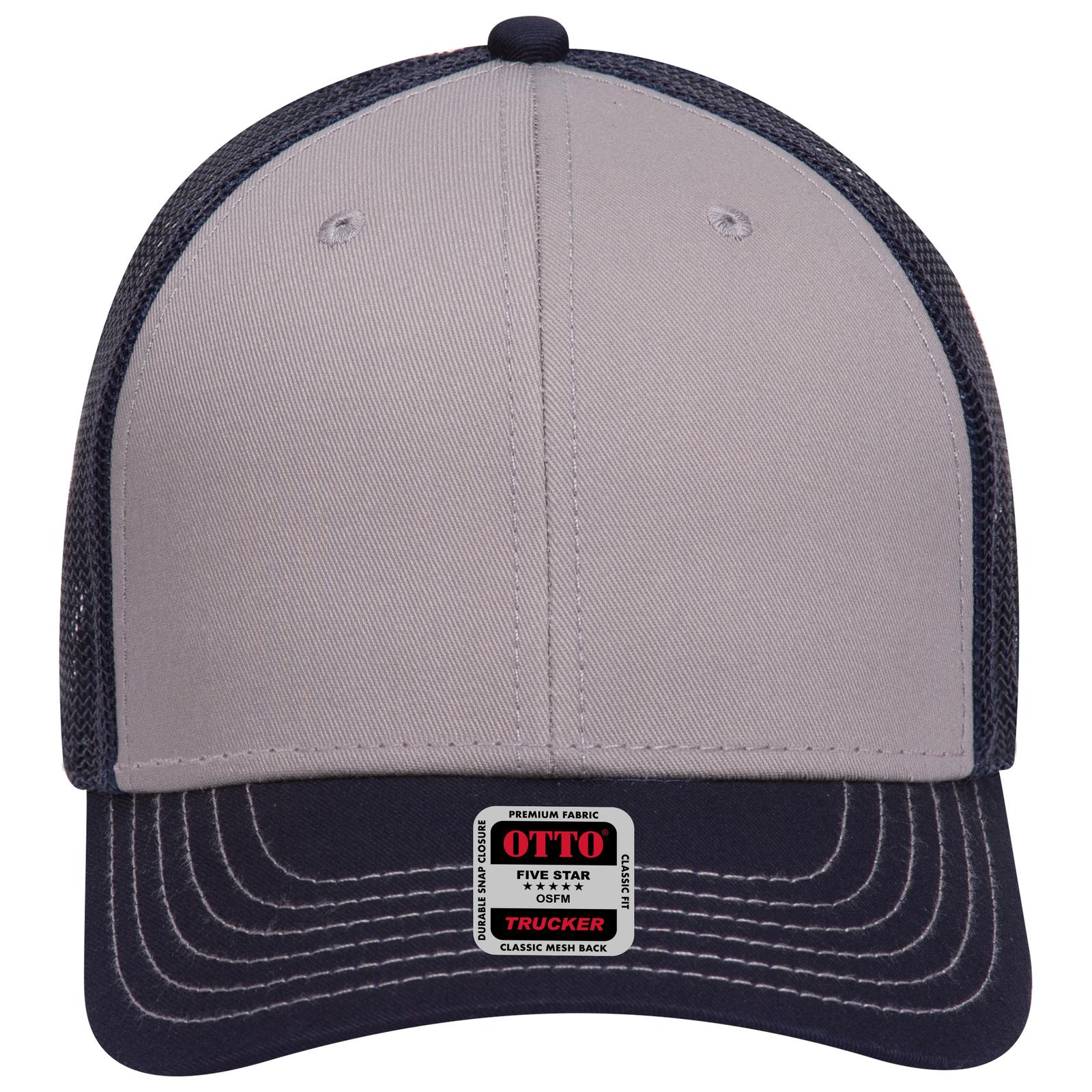 Front View of 041404 - Nvy/Gry/Nvy OTTO CAP 6 Panel Low Profile Mesh Back Trucker Hat
