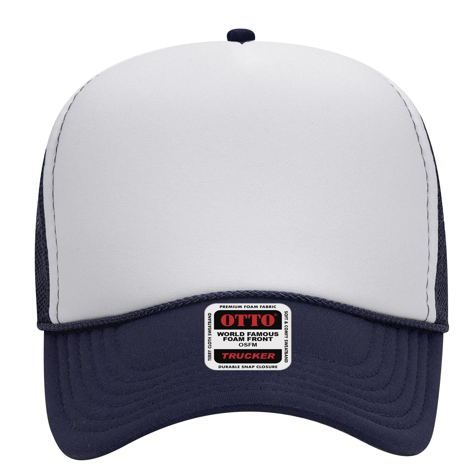 Front View of 041604 - Nvy/Wht/Nvy OTTO CAP 5 Panel Mid Profile Mesh Back Trucker Hat