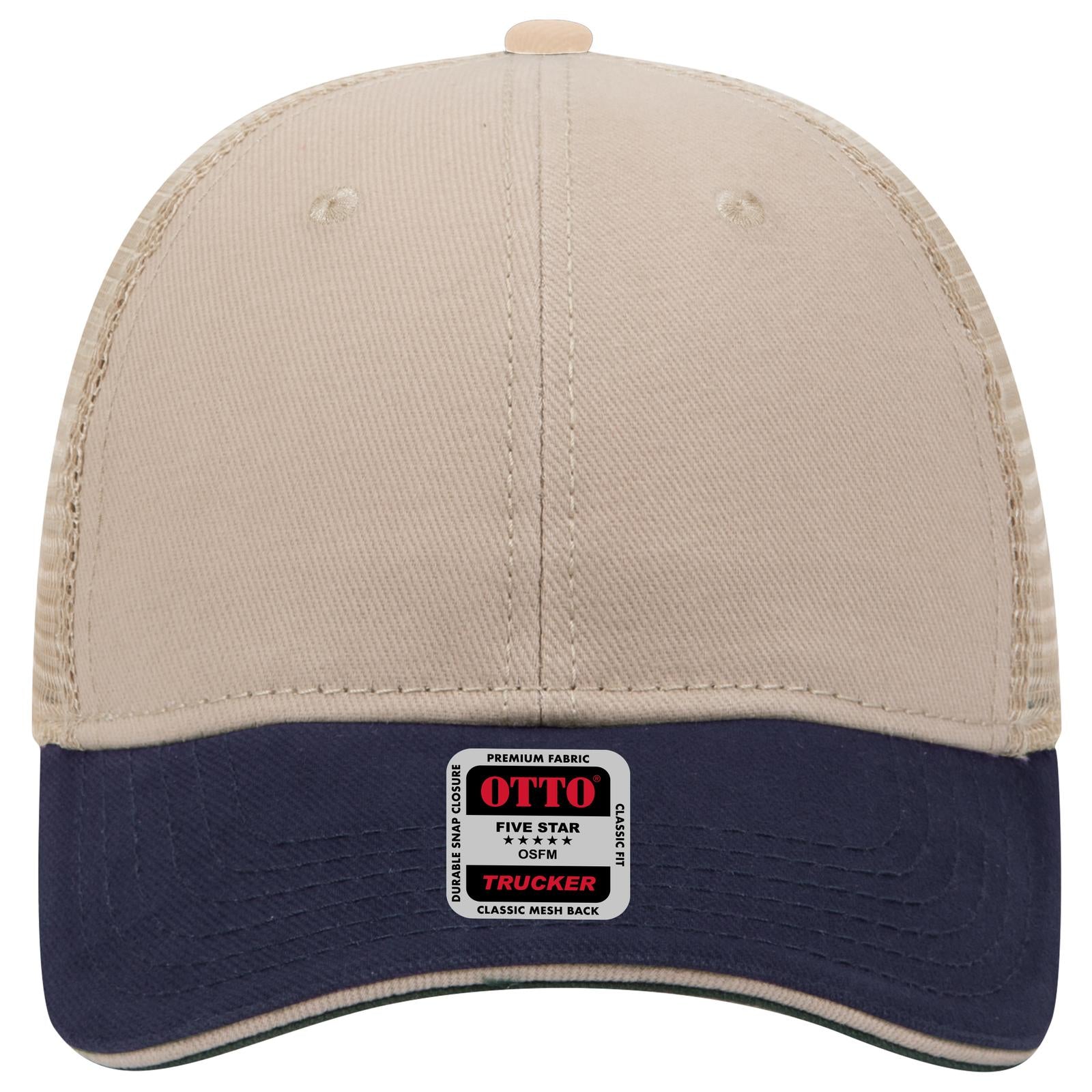 Right View of 043232 - Nvy/Kha/Kha OTTO CAP 6 Panel Low Profile Mesh Back Trucker Hat