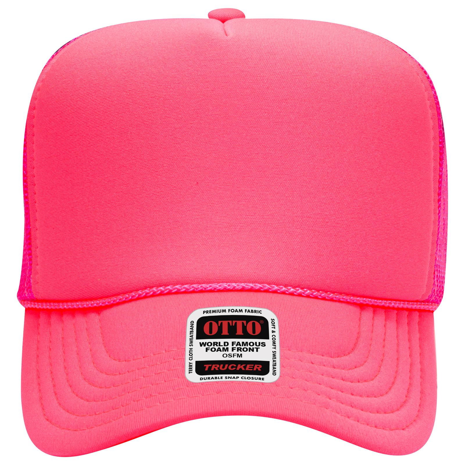Right View of 089 - N. Pink OTTO CAP 5 Panel High Crown Mesh Back Trucker Hat