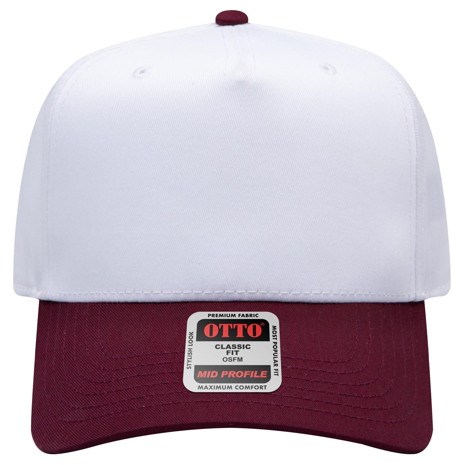 Front View of 1016 - Marn/Wht OTTO CAP 5 Panel Mid Profile Baseball Cap