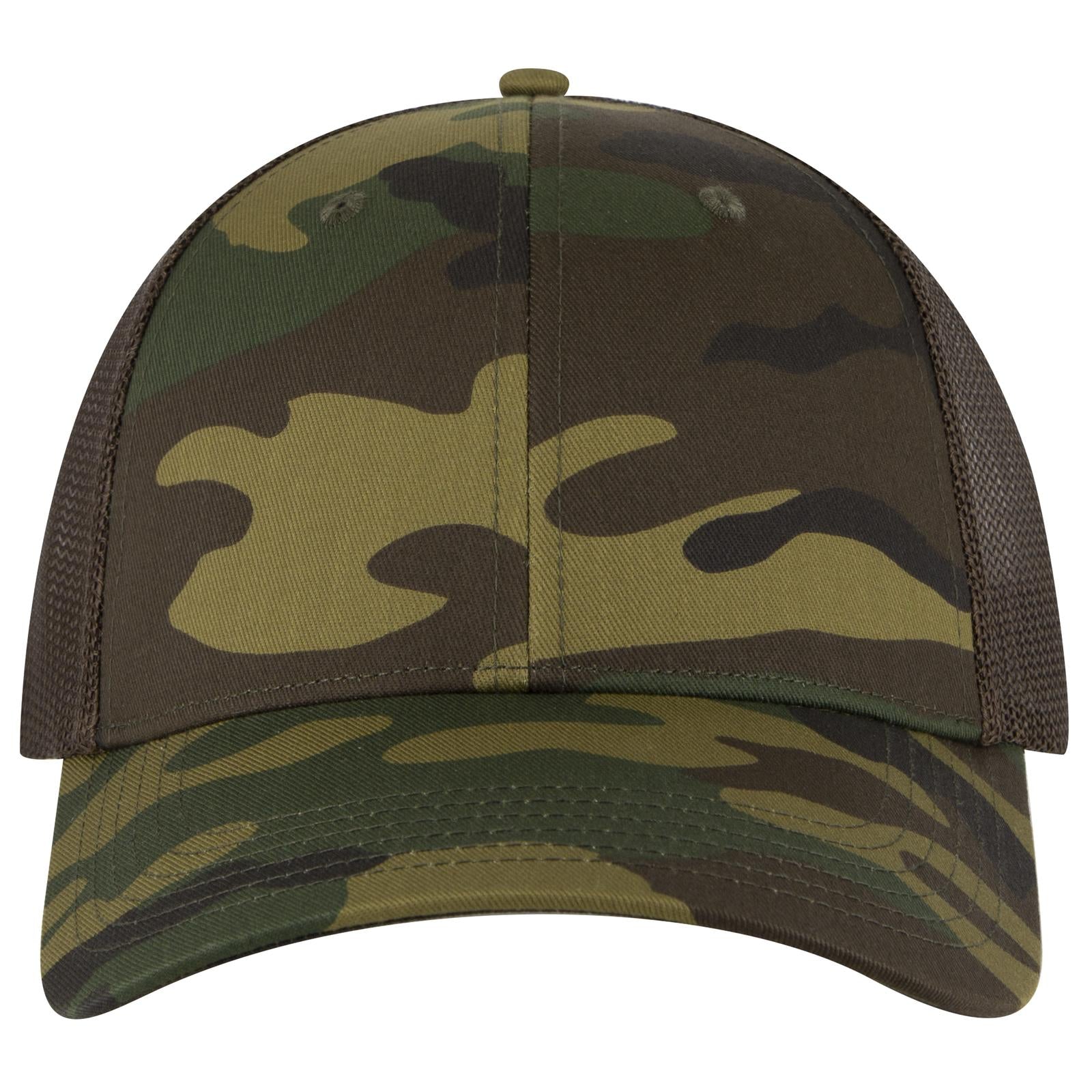 Front View of 170739 - Dk.Grn/Brn/Dk.Brn OTTO CAP Camouflage 6 Panel Low Profile Mesh Back Trucker Hat