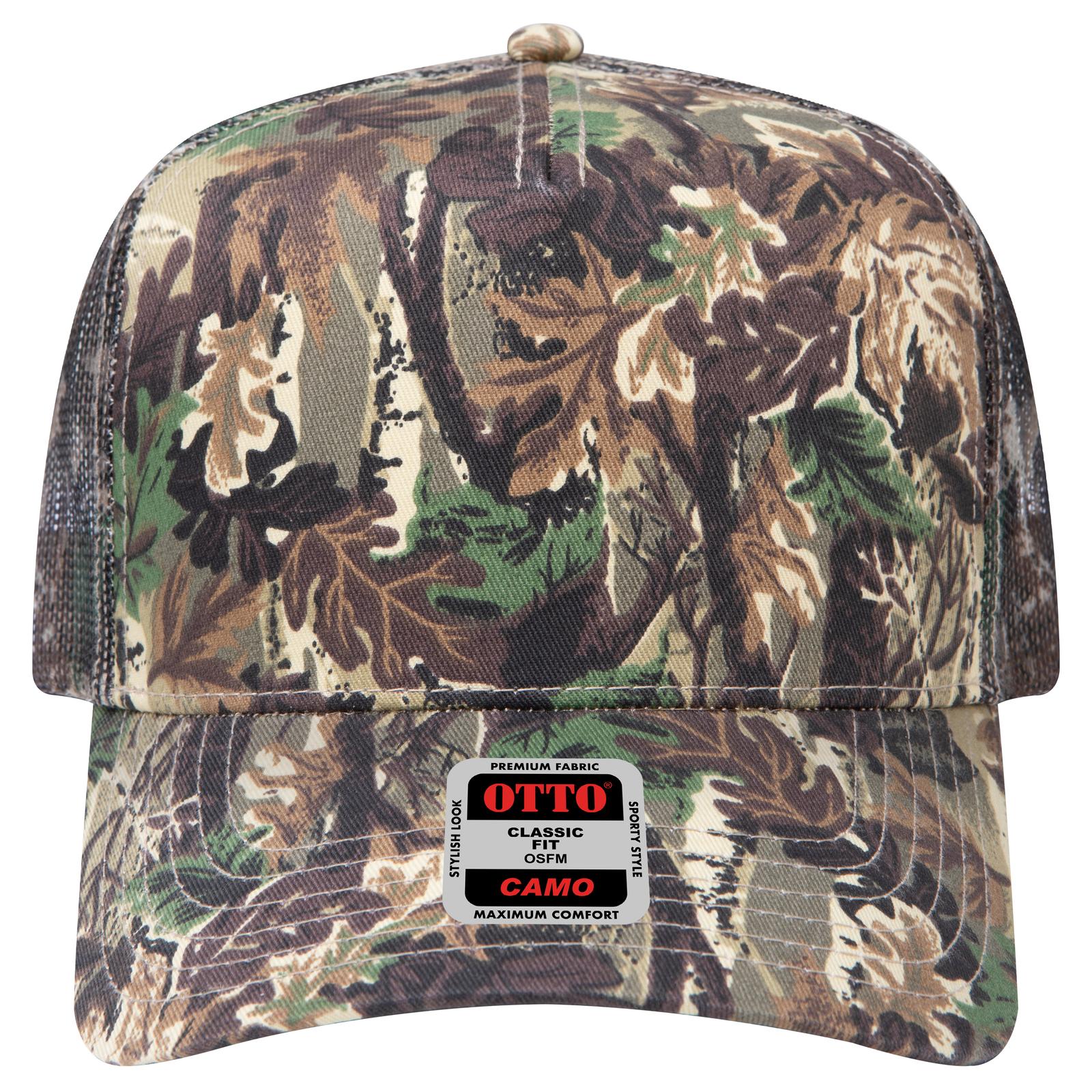 Front View of 180705 - Lt.Lod/Brn/Kly OTTO CAP Camouflage 5 Panel Mid Profile Mesh Back Trucker Hat