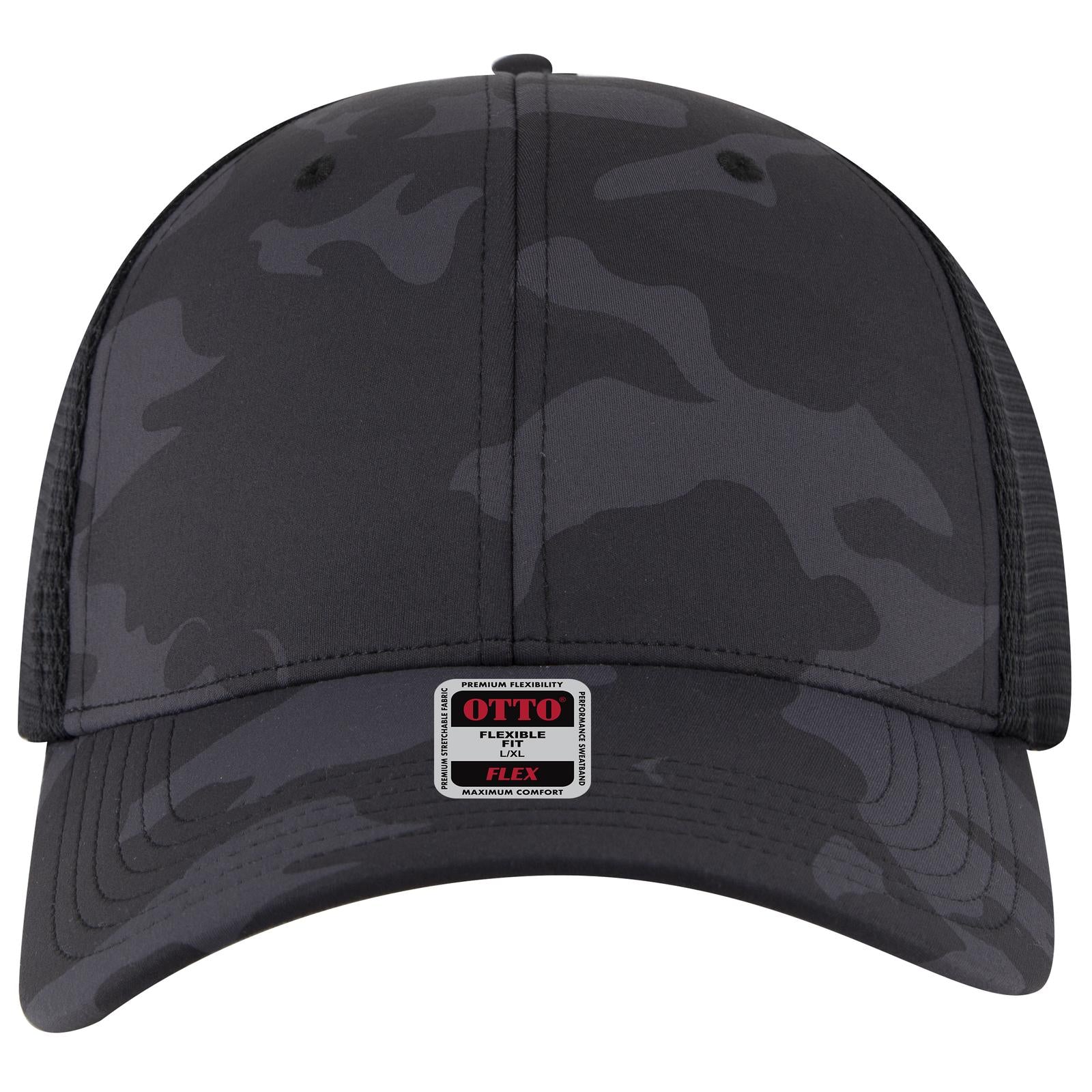 Front View of 250303 - Ch. Gry/Blk/Blk OTTO CAP "OTTO FLEX" Fitted 6 Panel Low Profile Mesh Back Trucker Hat