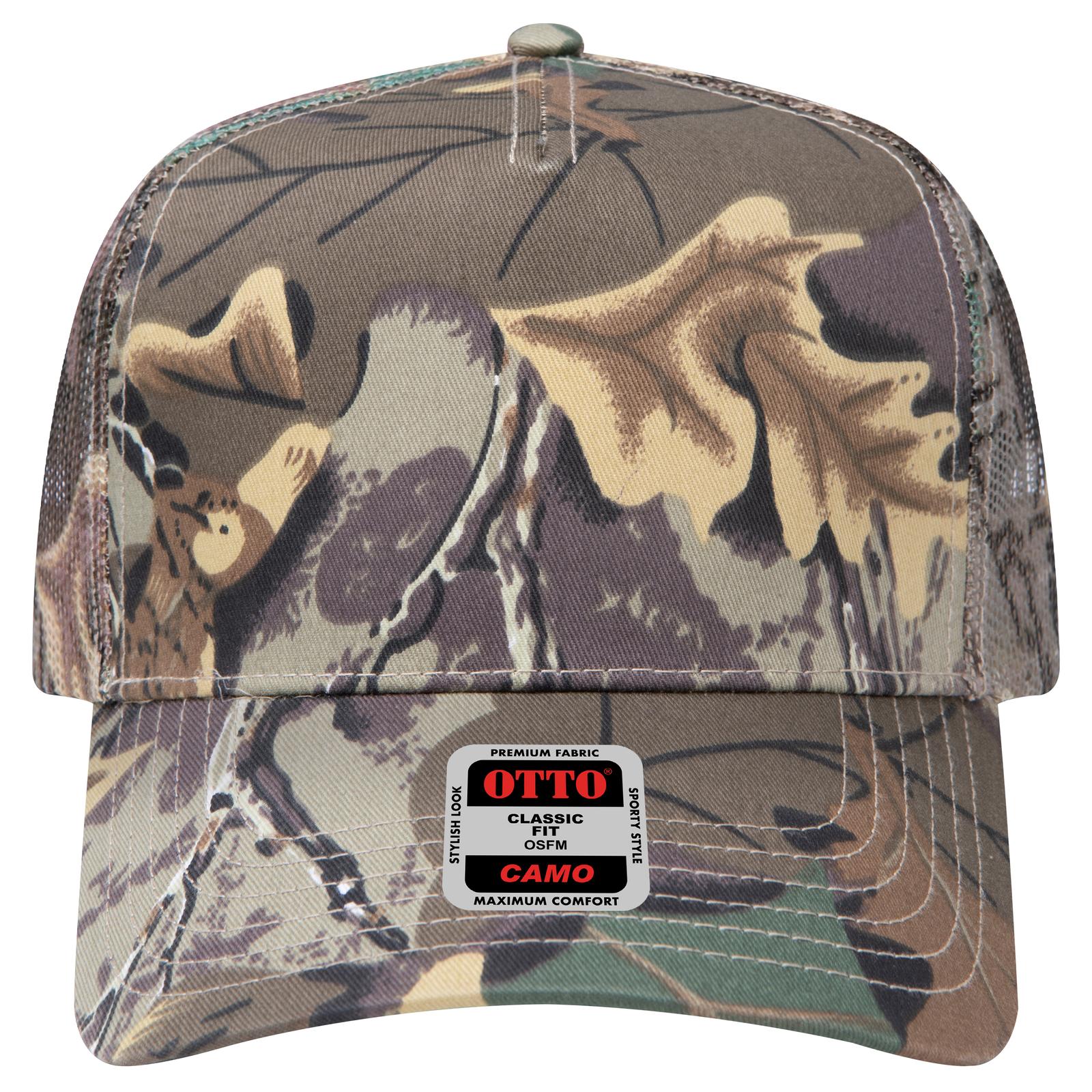 Front View of 320734 - Kha/Brn/Lt.Ol.Grn OTTO CAP Camouflage 5 Panel Mid Profile Mesh Back Trucker Hat