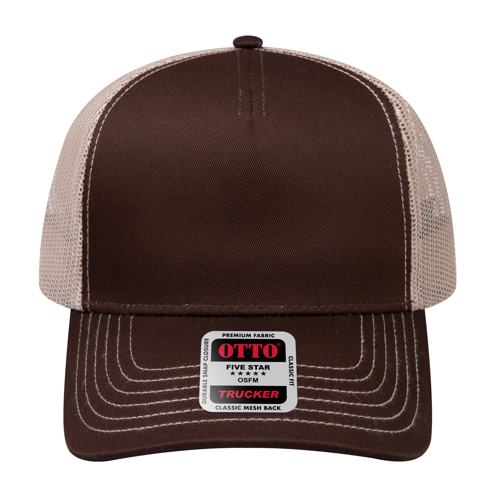 Front View of 393932 - Dk.Brn/Dk.Brn/Kha OTTO CAP 5 Panel Low Profile Mesh Back Trucker Hat