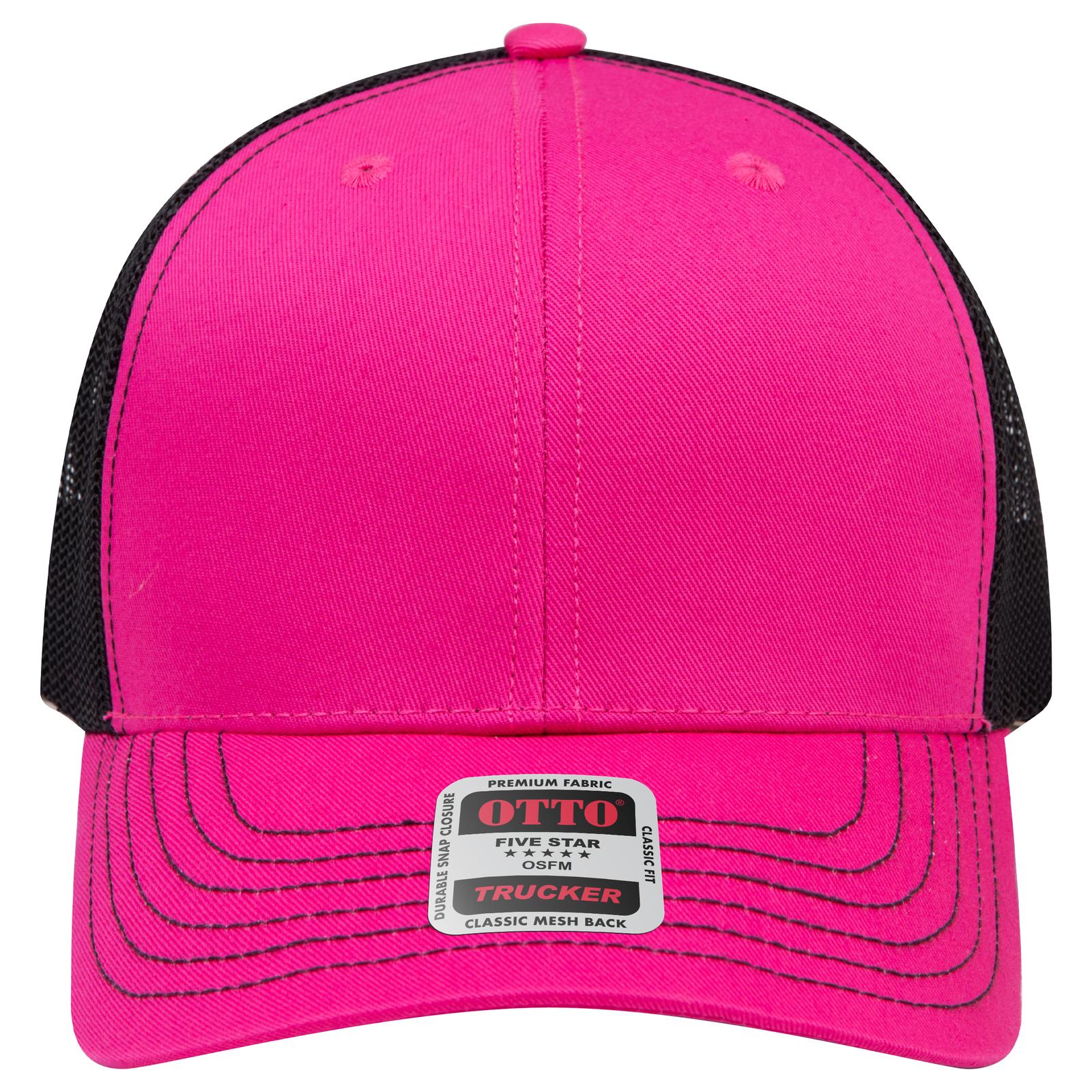 Right View of 424203 - H.Pnk/H.Pnk/Blk OTTO CAP 6 Panel Mid Profile Mesh Back Trucker Hat