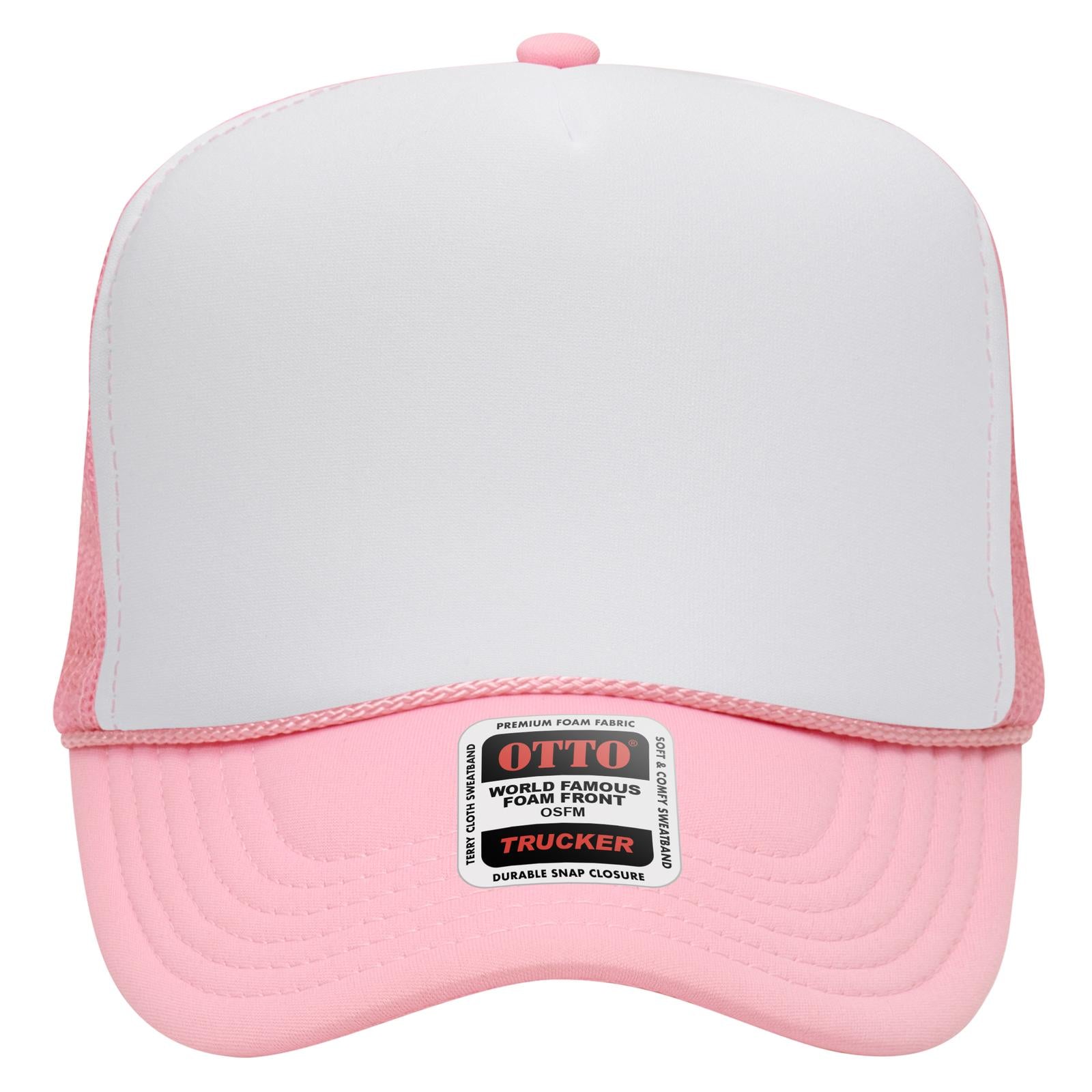 Right View of 501650 - Pnk/Wht/Pnk OTTO CAP 5 Panel High Crown Mesh Back Trucker Hat