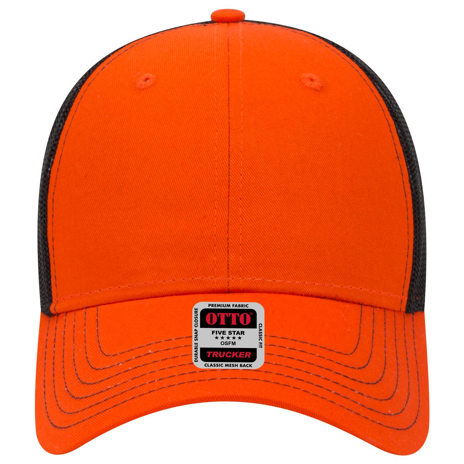 Front View of 626203 - Org/Org/Blk OTTO CAP 6 Panel Low Profile Mesh Back Trucker Hat