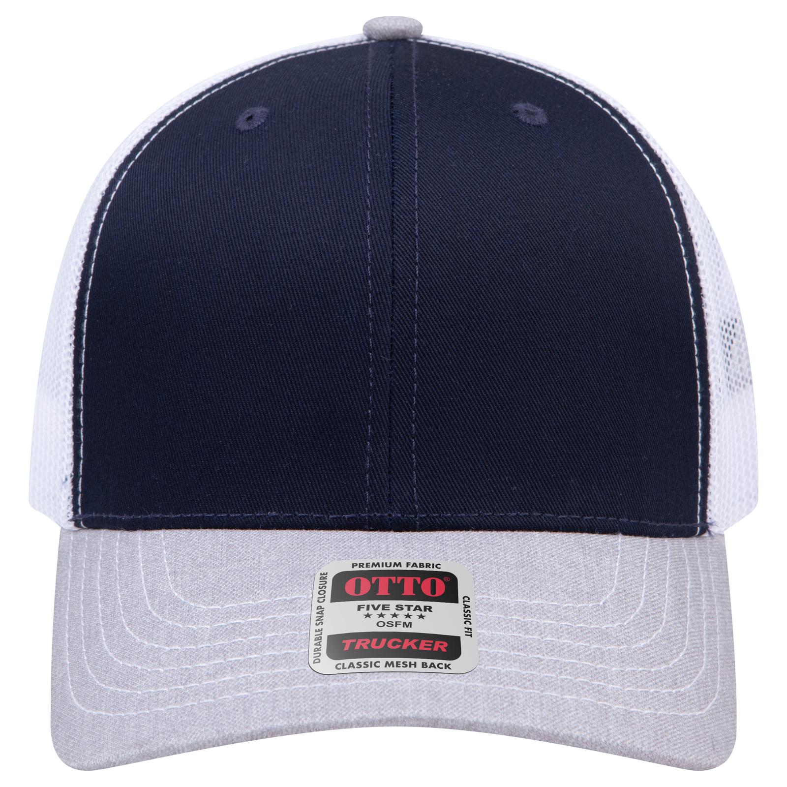 Right View of 740416 - HeatherGray/Navy/White OTTO CAP 6 Panel Mid Profile Mesh Back Trucker Hat